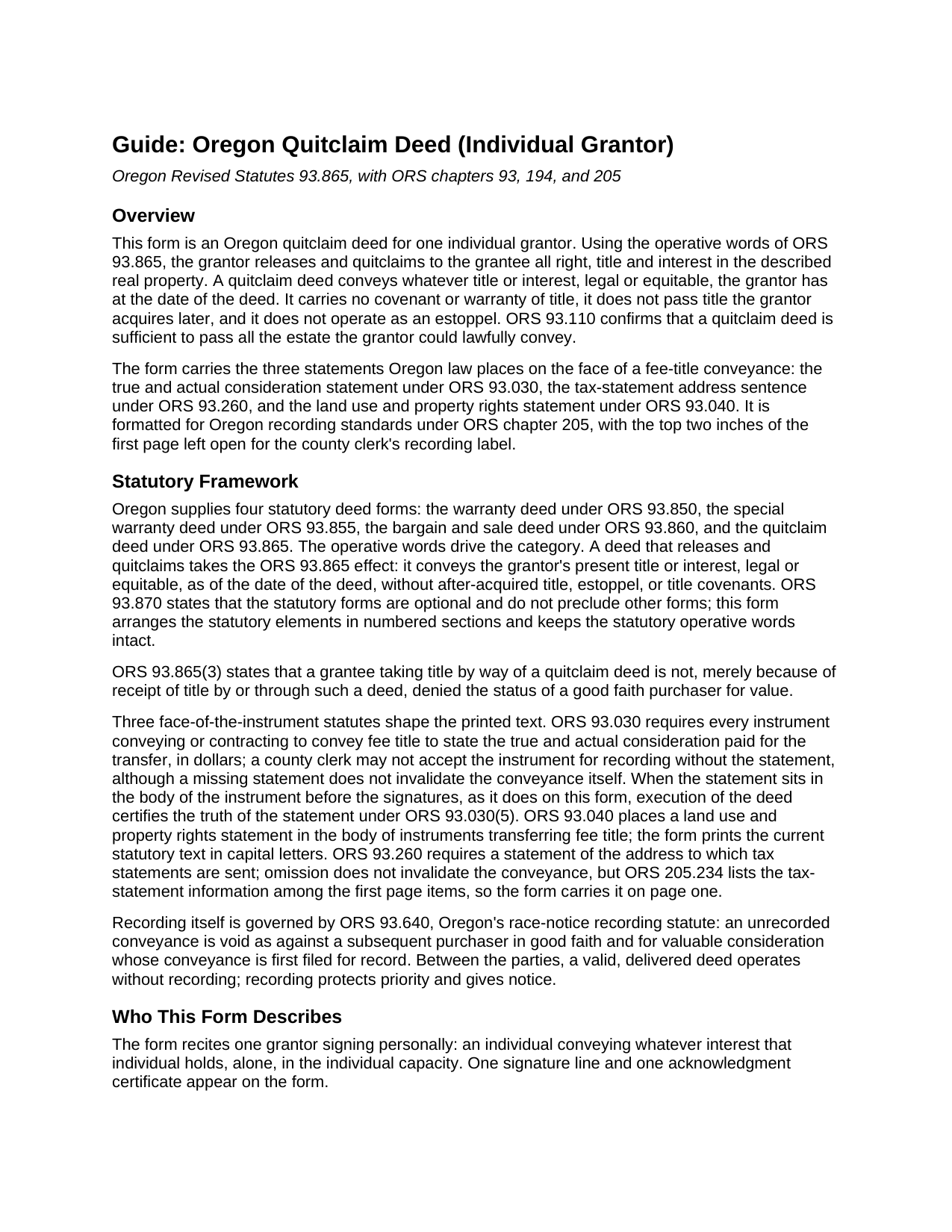 Wasco County Quitclaim Deed (Individual Grantor) Guide