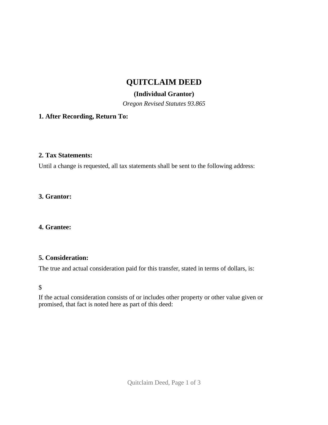 Wasco County Quitclaim Deed (Individual Grantor) Form