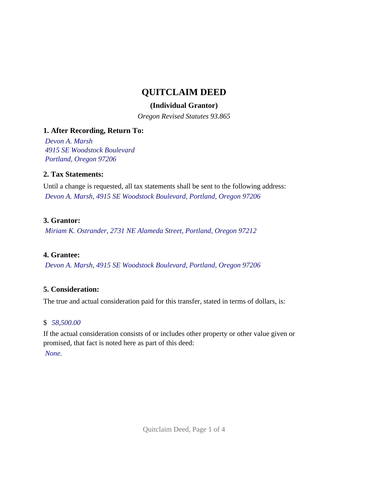 Klamath County Completed Example of the Quitclaim Deed (Individual Grantor) Document