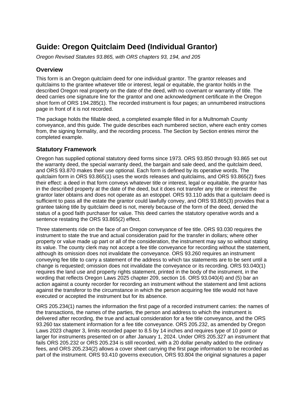 Klamath County Quitclaim Deed (Individual Grantor) Guide