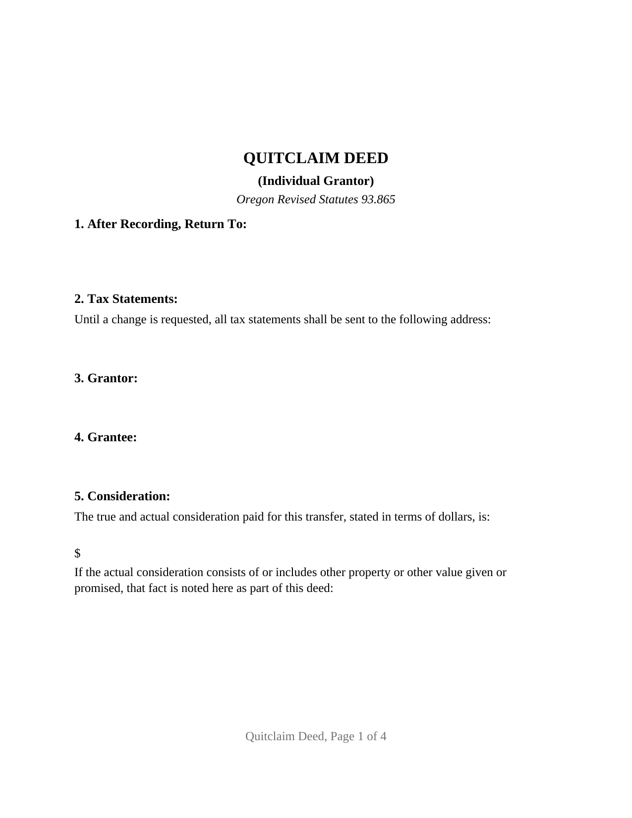 Klamath County Quitclaim Deed (Individual Grantor) Form