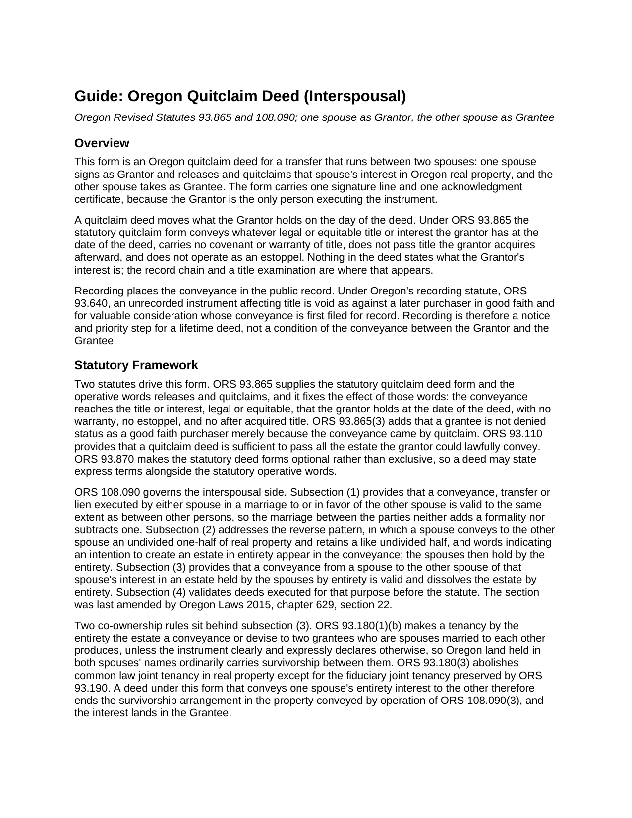Clatsop County Quitclaim Deed (Interspousal) Guide