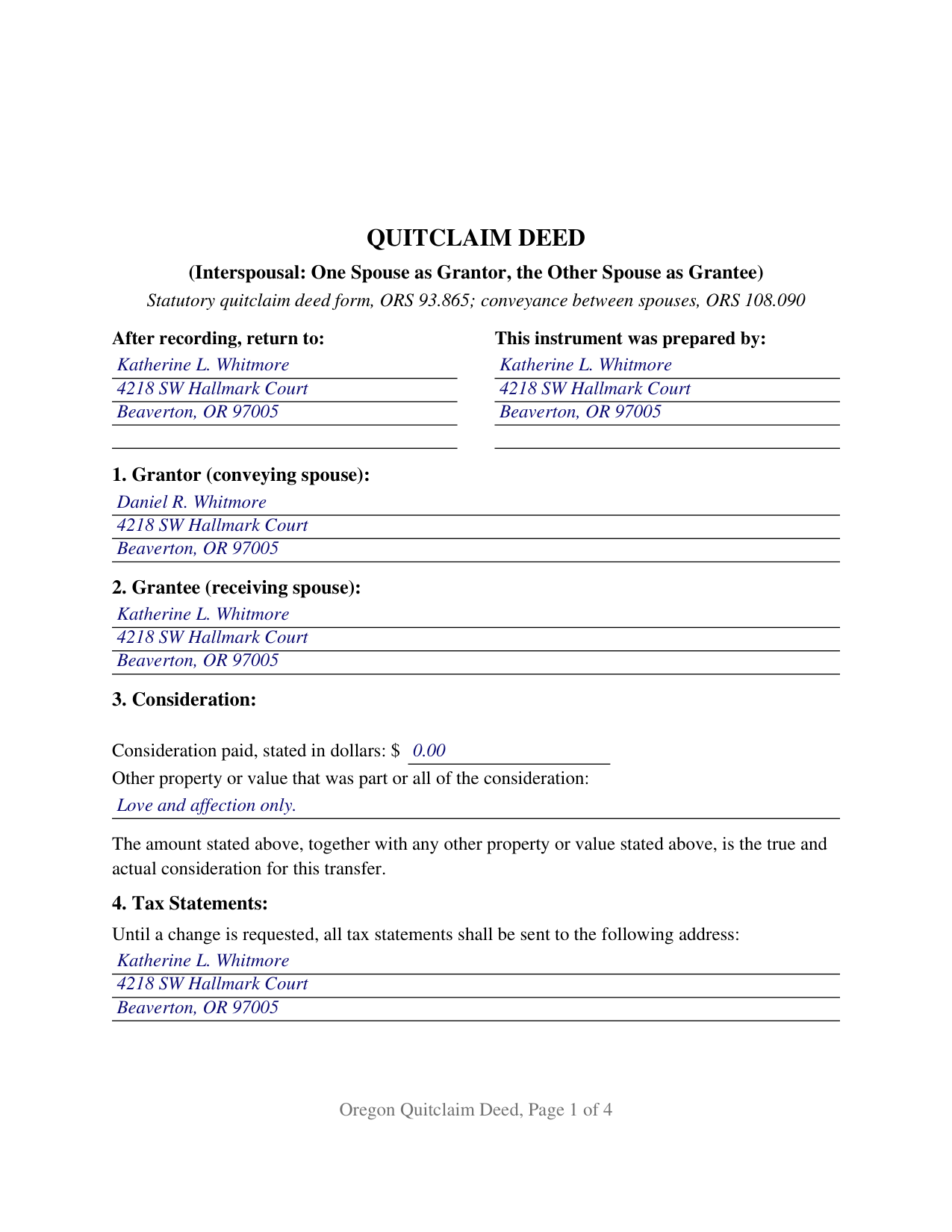 Clatsop County Completed Example of the Quitclaim Deed (Interspousal) Document