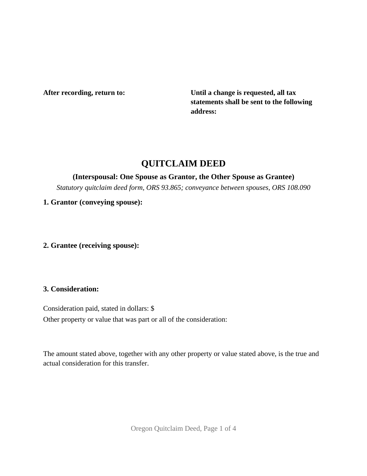 Clatsop County Quitclaim Deed (Interspousal) Form
