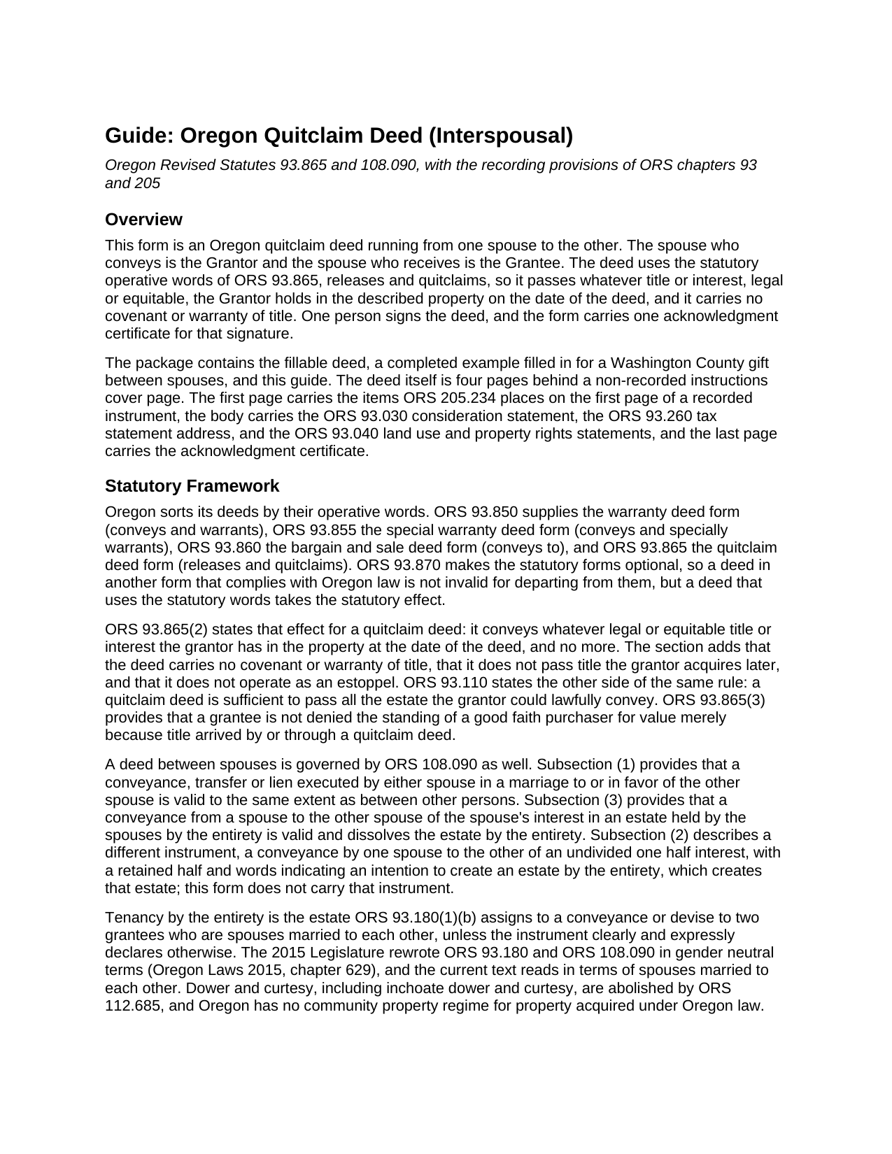 Clatsop County Quitclaim Deed (Interspousal) Guide