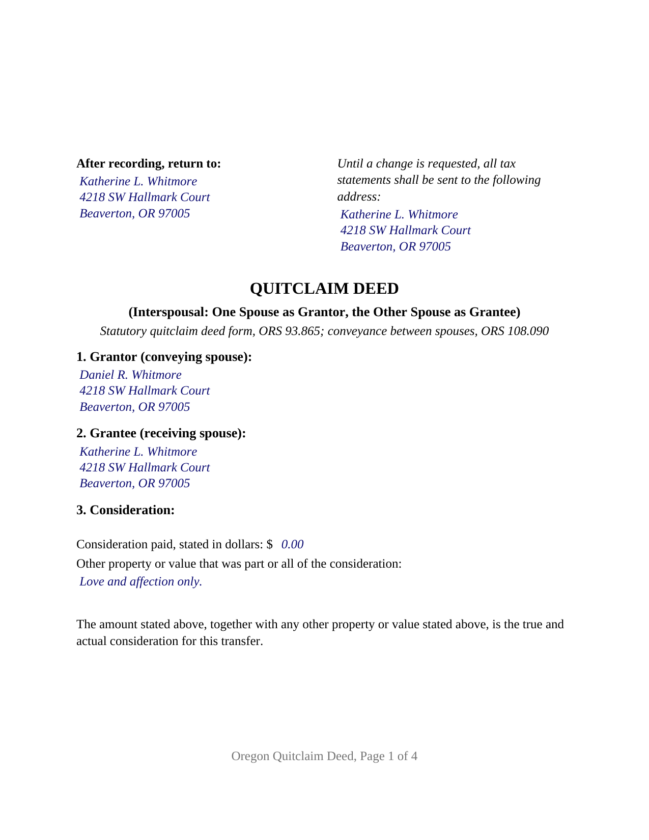 Clatsop County Completed Example of the Quitclaim Deed (Interspousal) Document