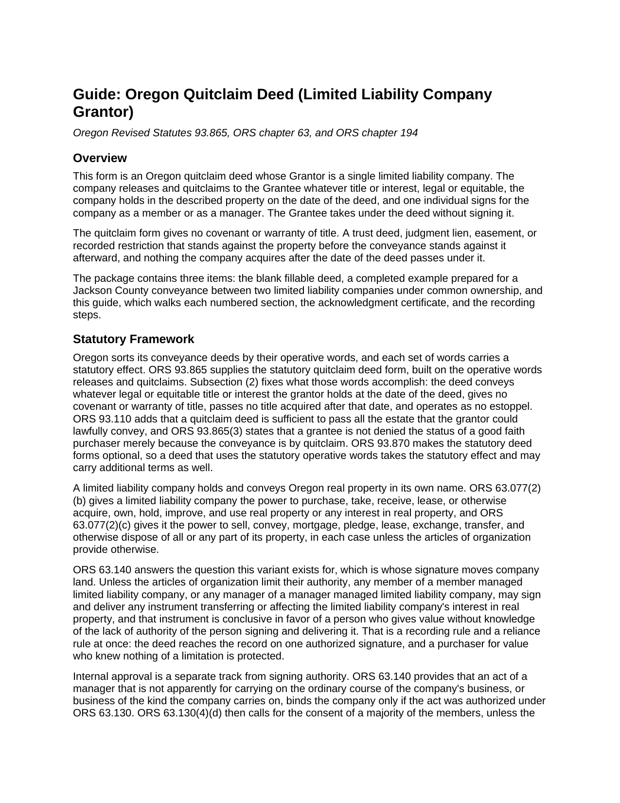 Harney County Quitclaim Deed (LLC Grantor) Guide