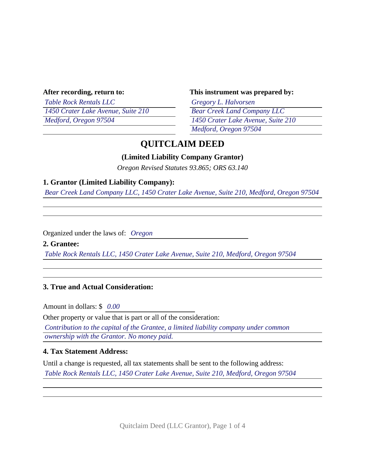 Harney County Completed Example of the Quitclaim Deed (LLC Grantor) Document