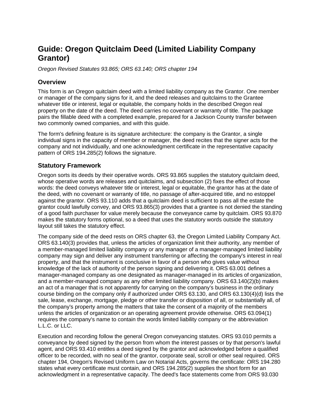 Tillamook County Quitclaim Deed (LLC Grantor) Guide