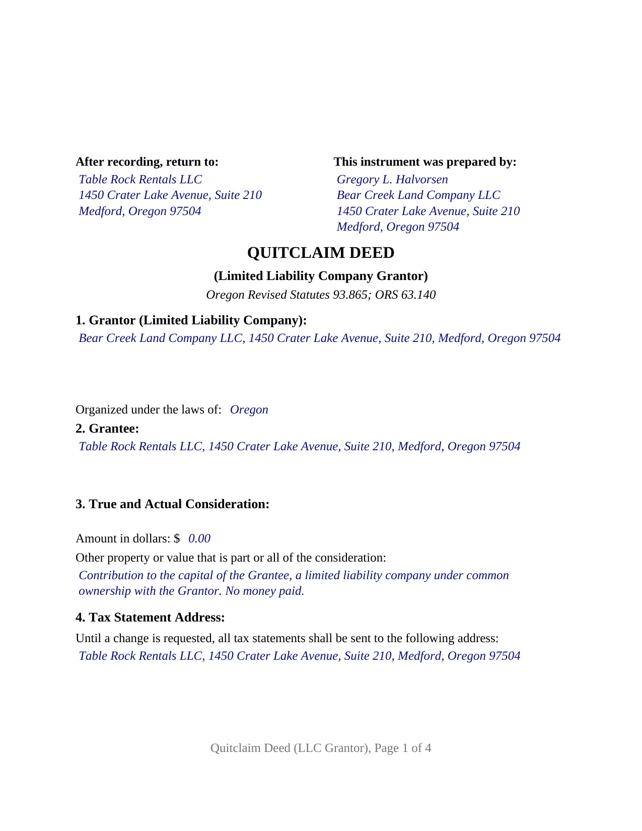 Tillamook County Completed Example of the Quitclaim Deed (LLC Grantor) Document