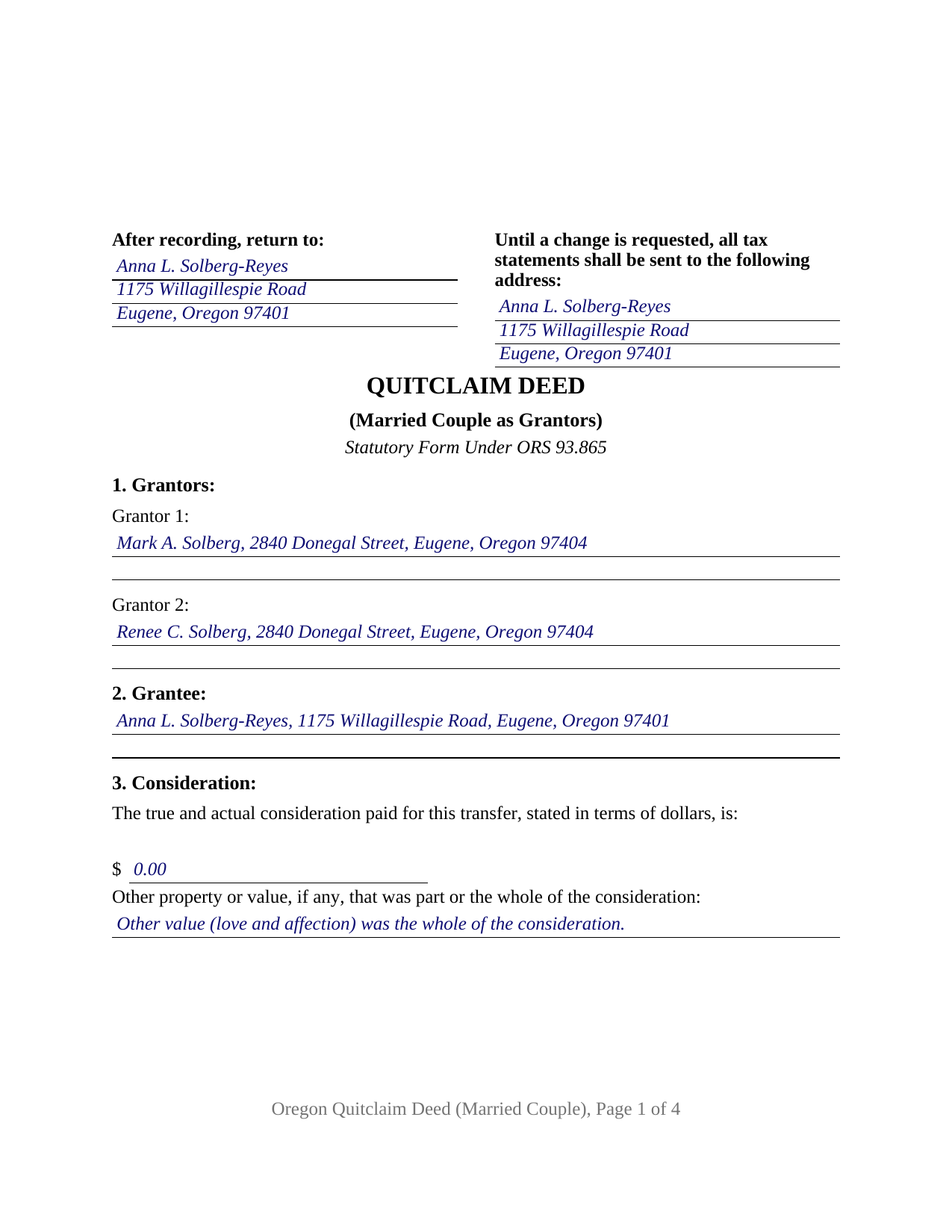 Harney County Completed Example of the Quitclaim Deed (Married Couple as Grantors) Document