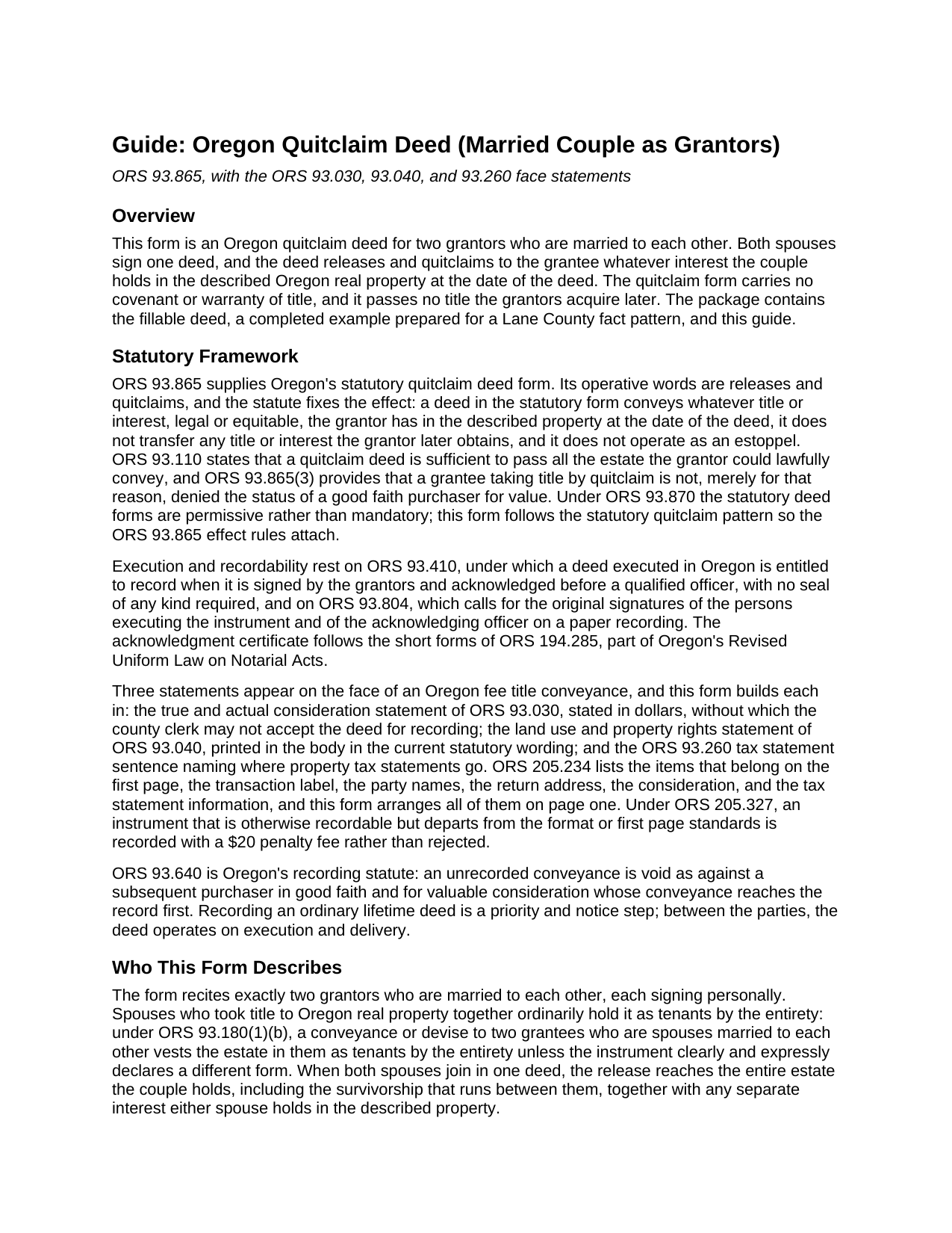 Harney County Quitclaim Deed (Married Couple as Grantors) Guide