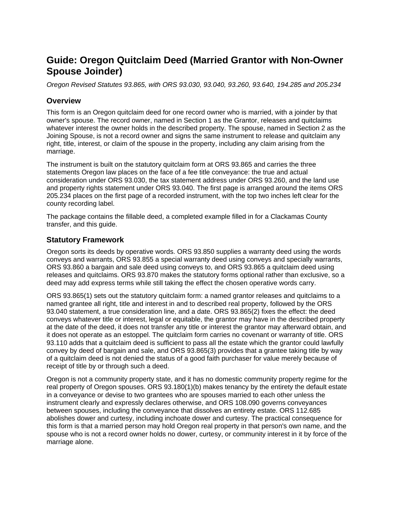 Morrow County Quitclaim Deed (Married Grantor with Non-Owner Spouse Joinder) Guide