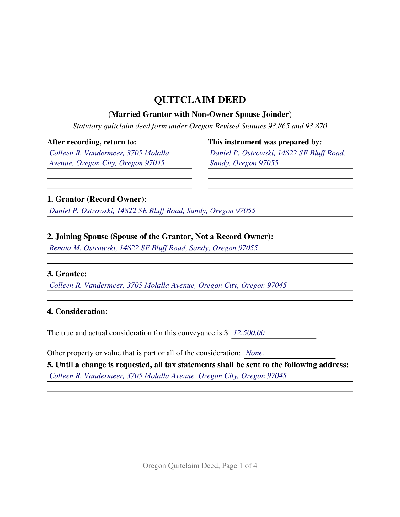 Morrow County Completed Example of the Quitclaim Deed (Married Grantor with Non-Owner Spouse Joinder) Document