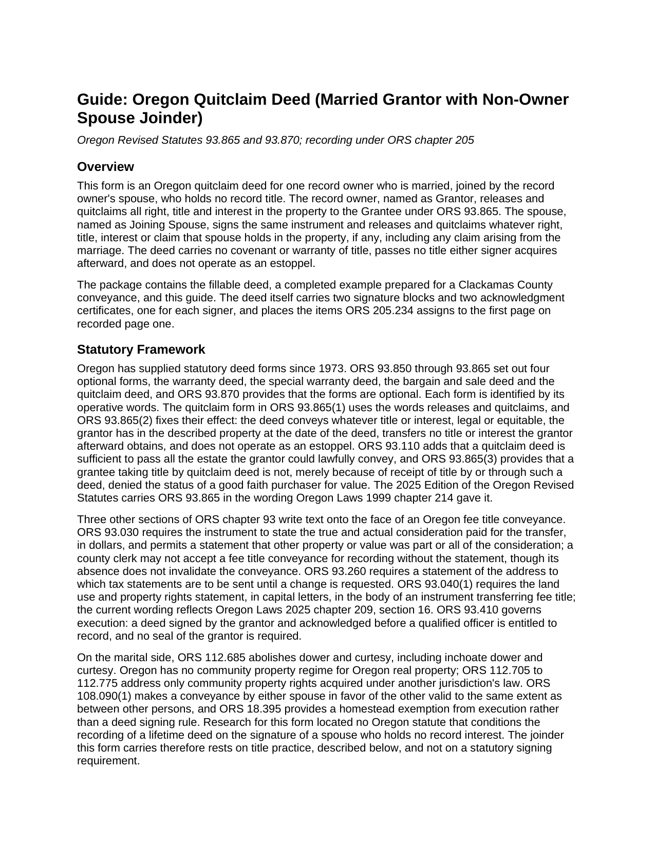 Union County Quitclaim Deed (Married Grantor with Non-Owner Spouse Joinder) Guide
