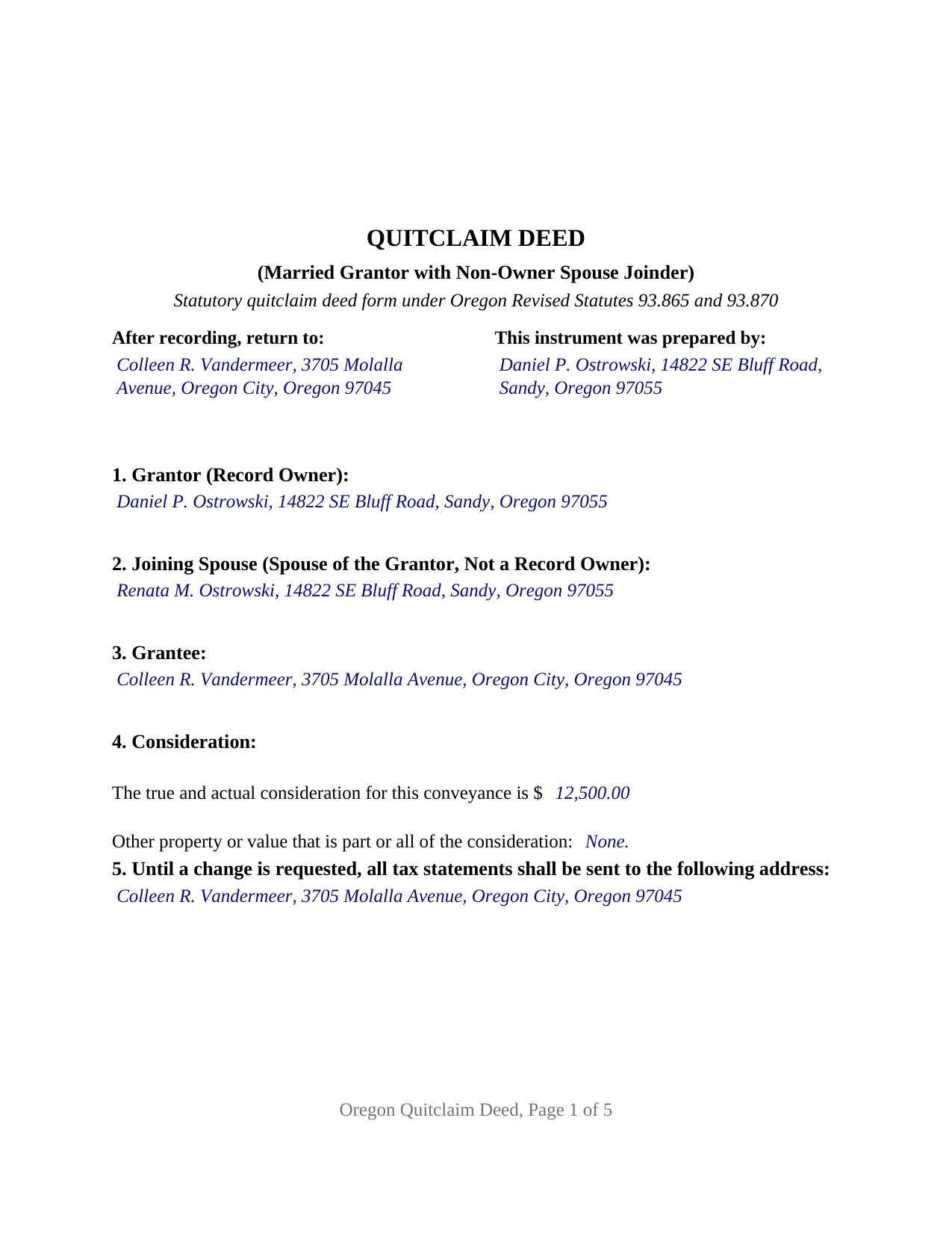 Union County Completed Example of the Quitclaim Deed (Married Grantor with Non-Owner Spouse Joinder) Document