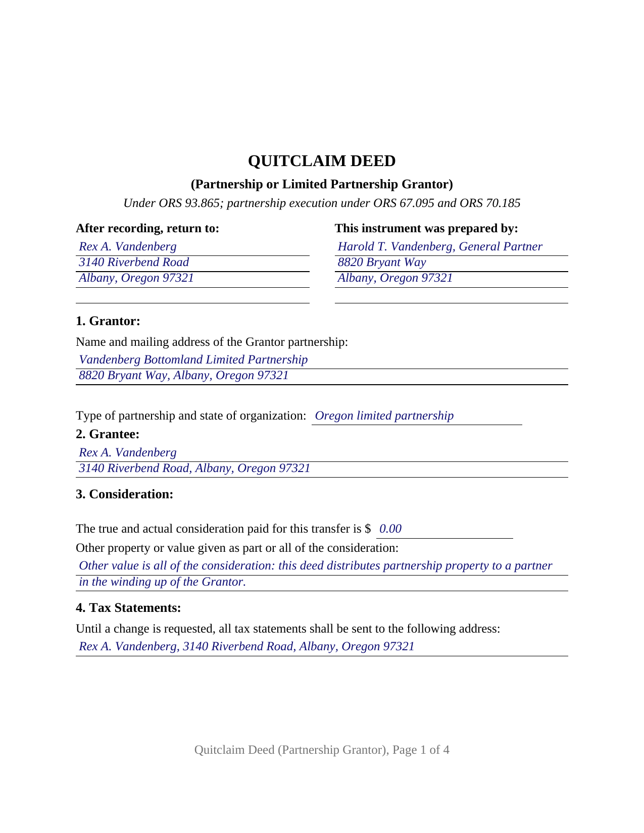 Wheeler County Completed Example of the Quitclaim Deed (Partnership or Limited Partnership Grantor) Document