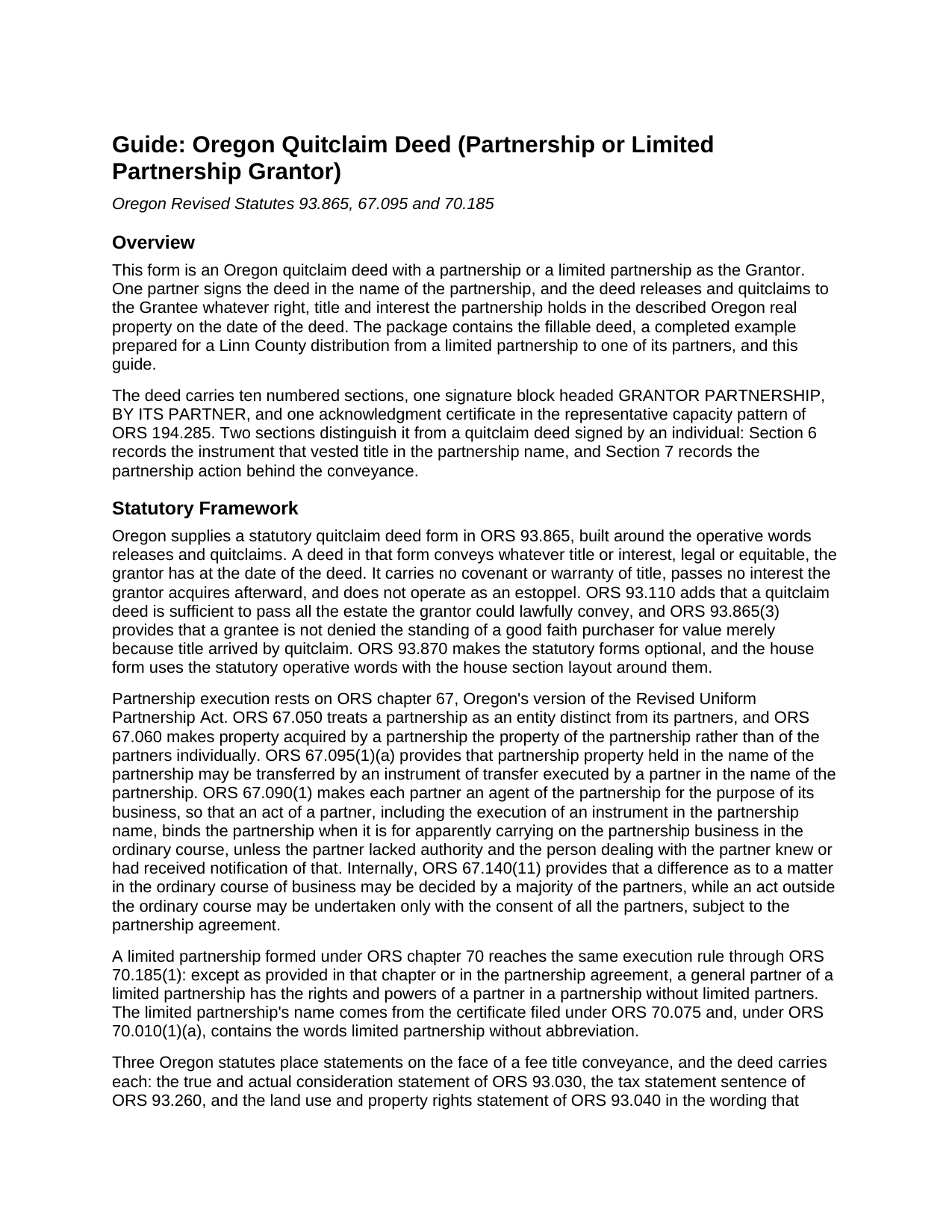 Tillamook County Quitclaim Deed (Partnership or Limited Partnership Grantor) Guide