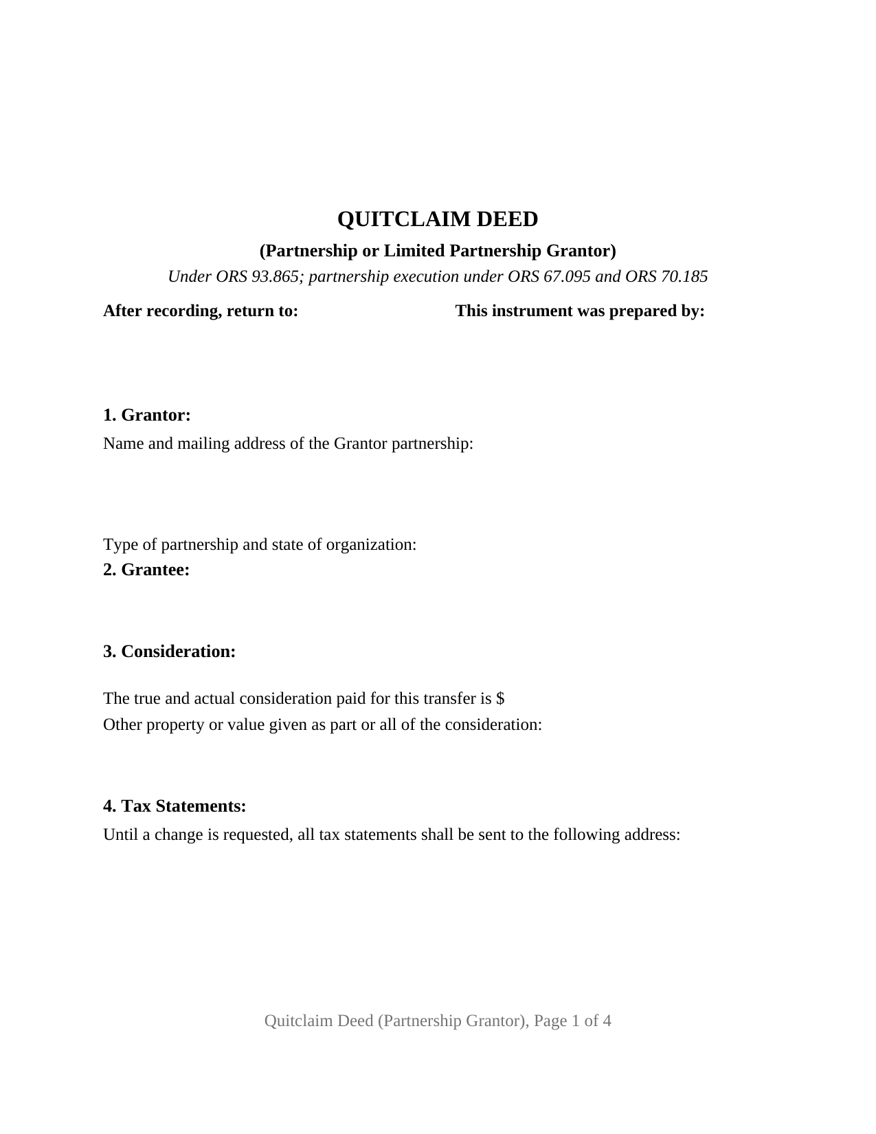Tillamook County Quitclaim Deed (Partnership or Limited Partnership Grantor) Form