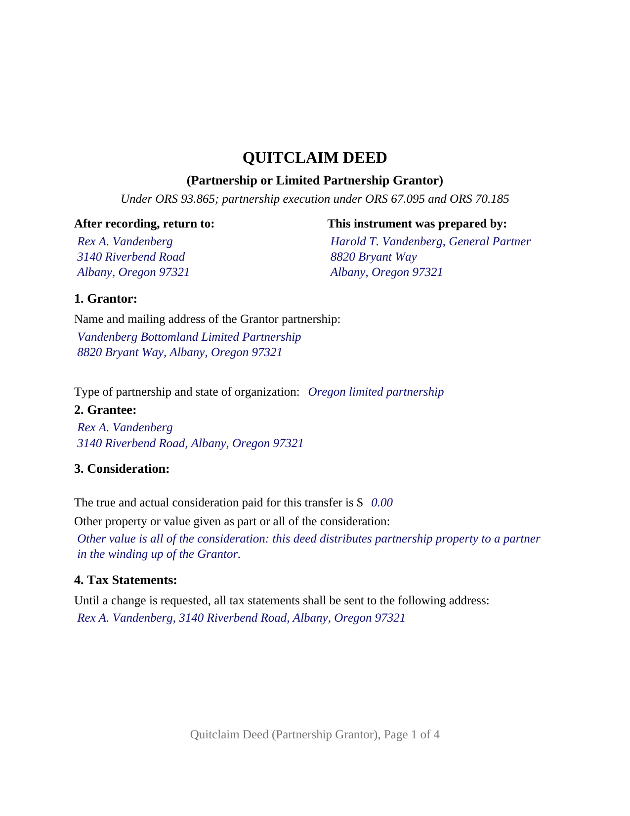 Tillamook County Completed Example of the Quitclaim Deed (Partnership or Limited Partnership Grantor) Document