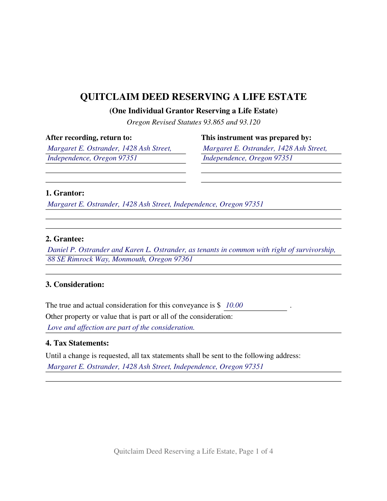Malheur County Completed Example of the Quitclaim Deed (Reserving Life Estate) Document