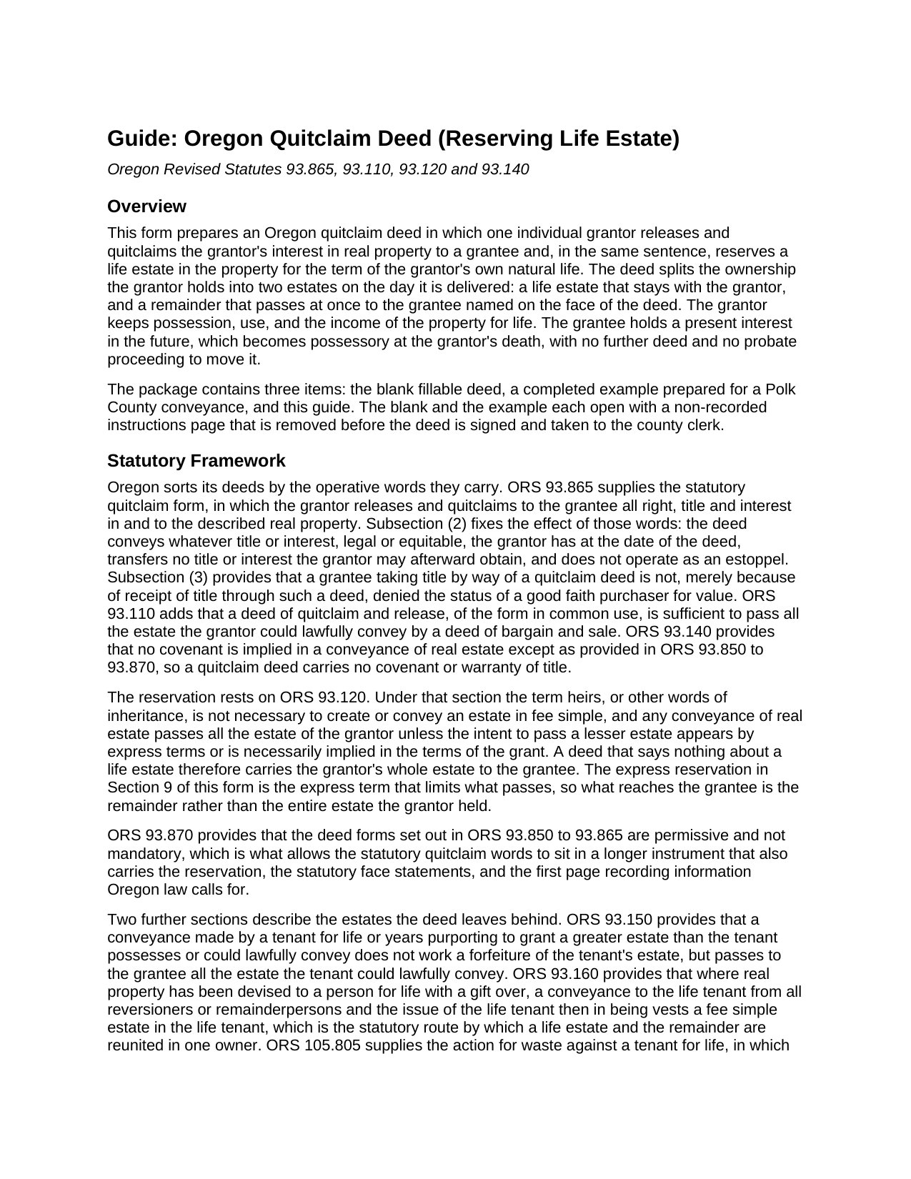 Malheur County Quitclaim Deed (Reserving Life Estate) Guide
