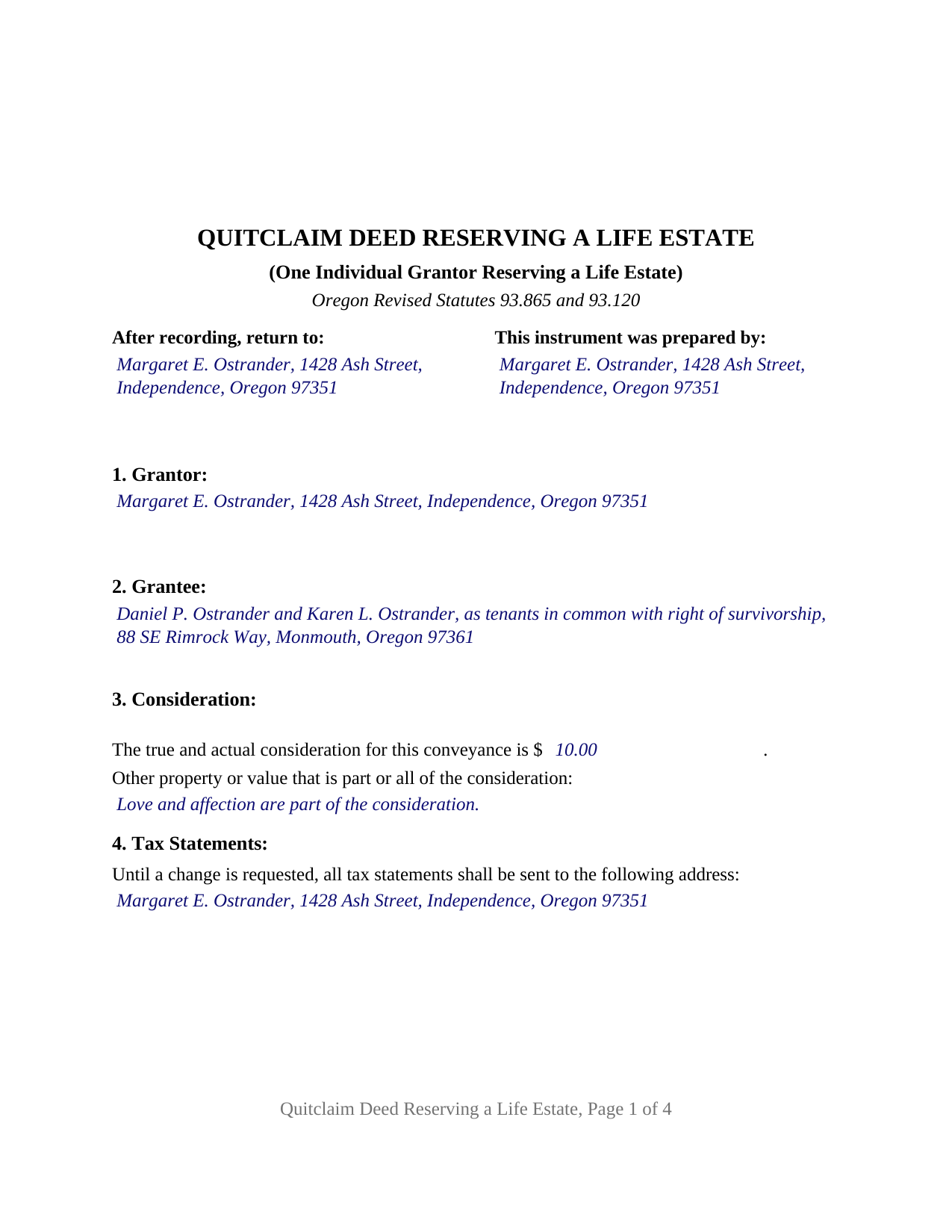 Lincoln County Completed Example of the Quitclaim Deed (Reserving Life Estate) Document