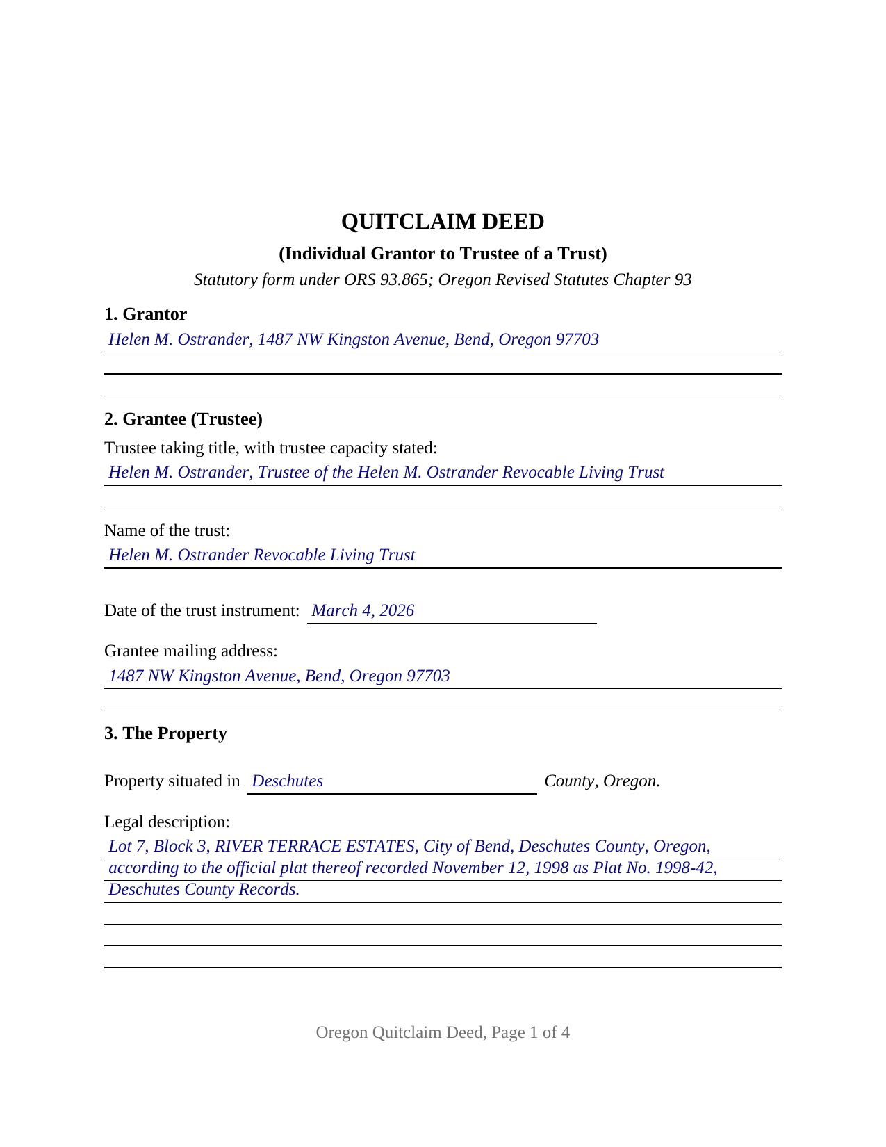 Linn County Completed Example of the Quitclaim Deed (Trustee Grantee) Document