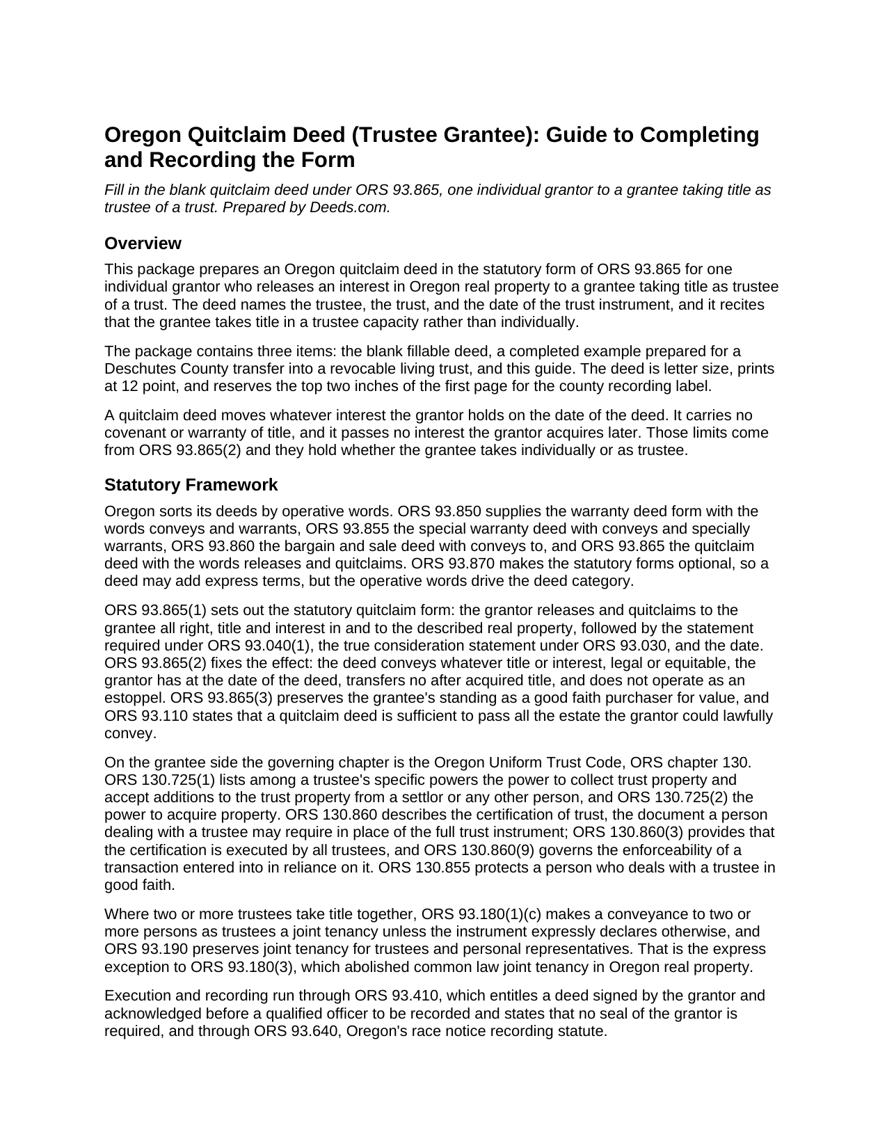 Linn County Quitclaim Deed (Trustee Grantee) Guide
