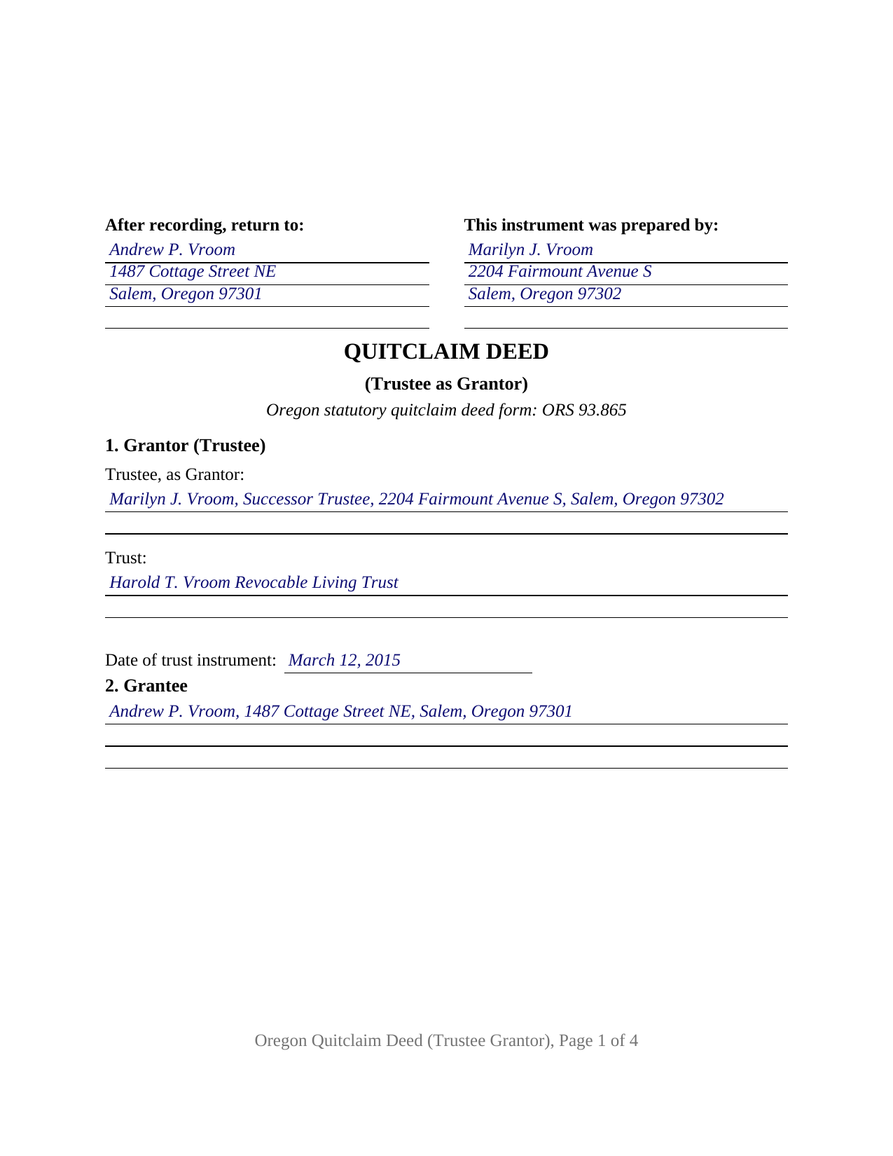 Clackamas County Completed Example of the Quitclaim Deed (Trustee Grantor) Document