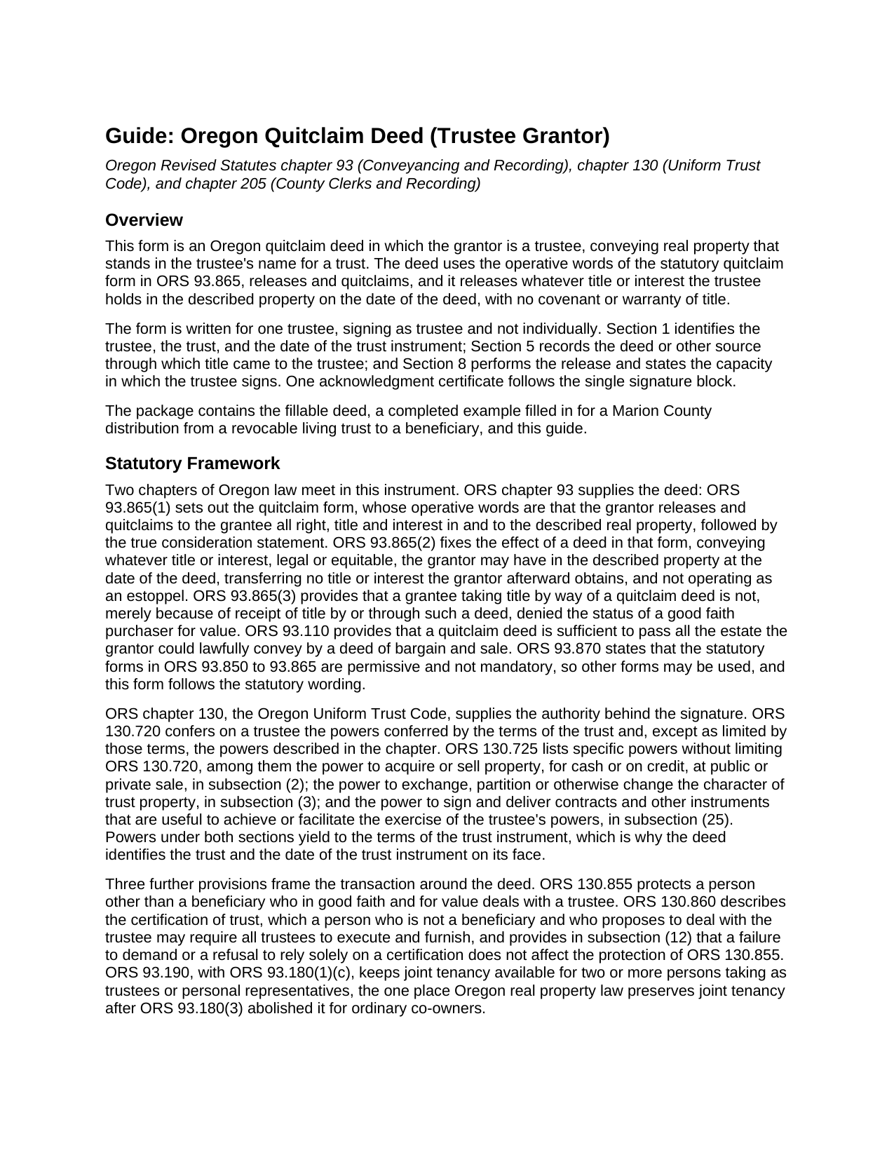 Clackamas County Quitclaim Deed (Trustee Grantor) Guide