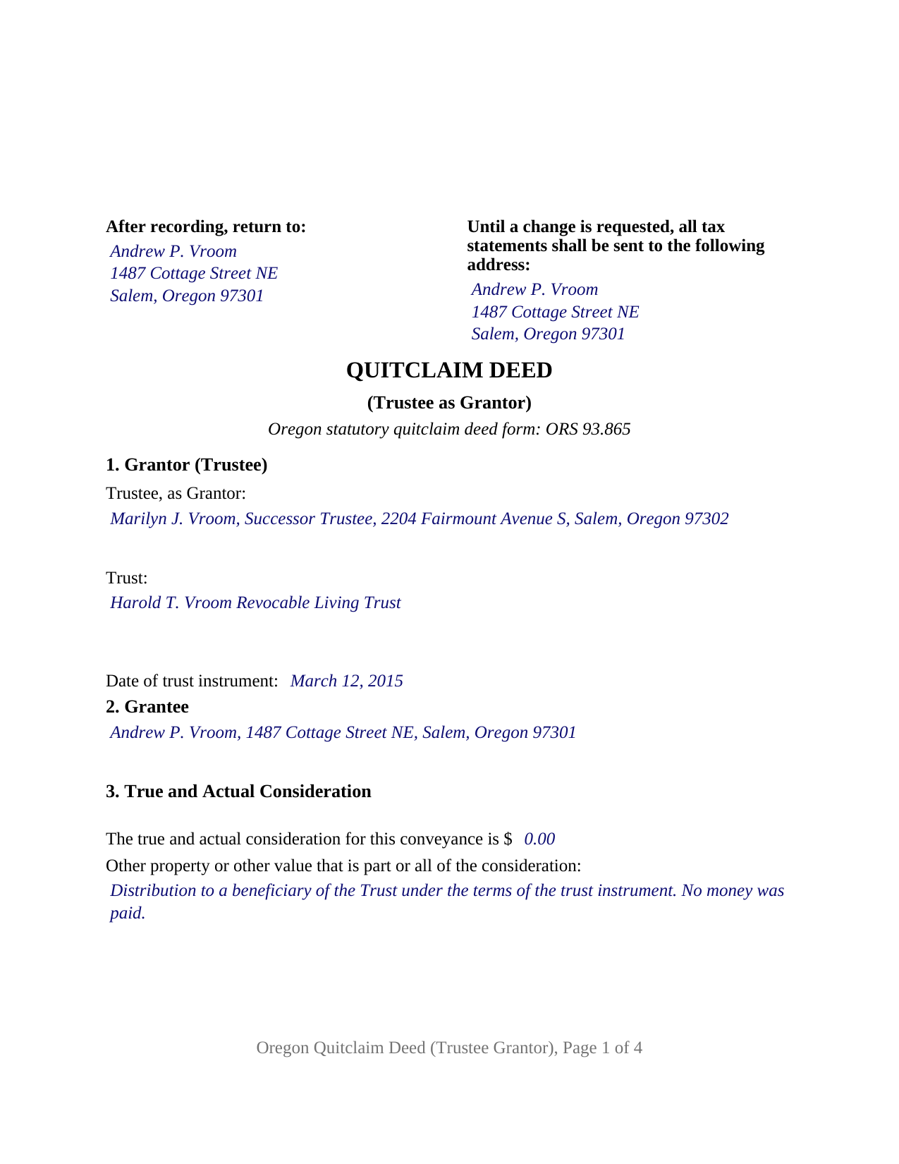 Polk County Completed Example of the Quitclaim Deed (Trustee Grantor) Document