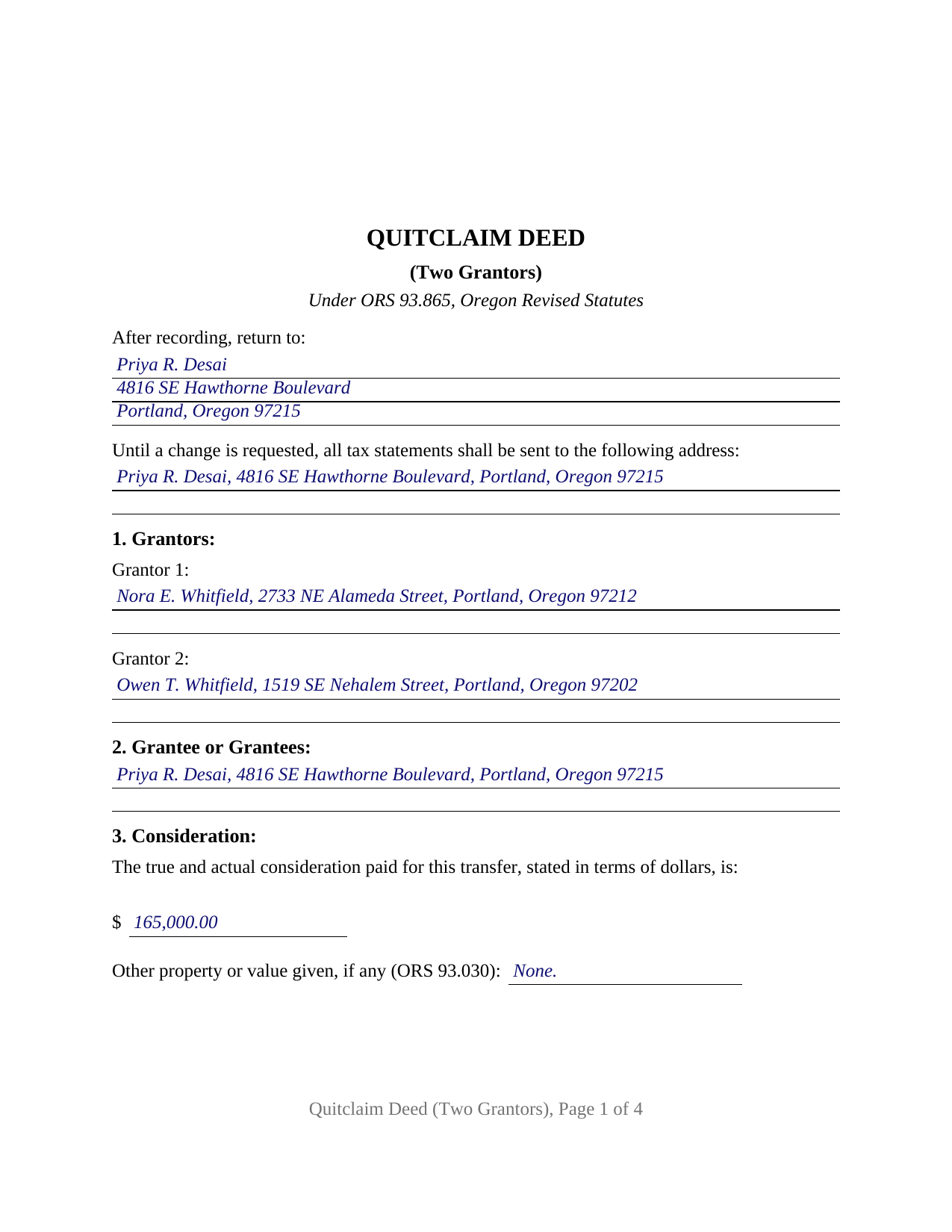 Harney County Completed Example of the Quitclaim Deed (Two Grantors) Document