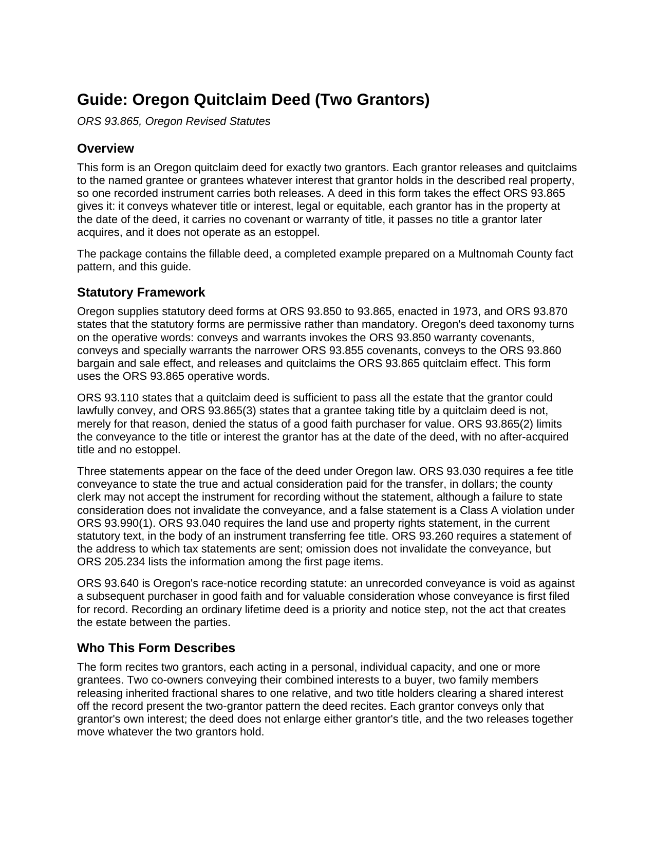 Harney County Quitclaim Deed (Two Grantors) Guide