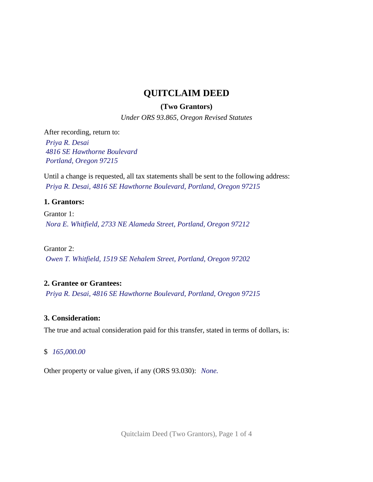 Lake County Completed Example of the Quitclaim Deed (Two Grantors) Document
