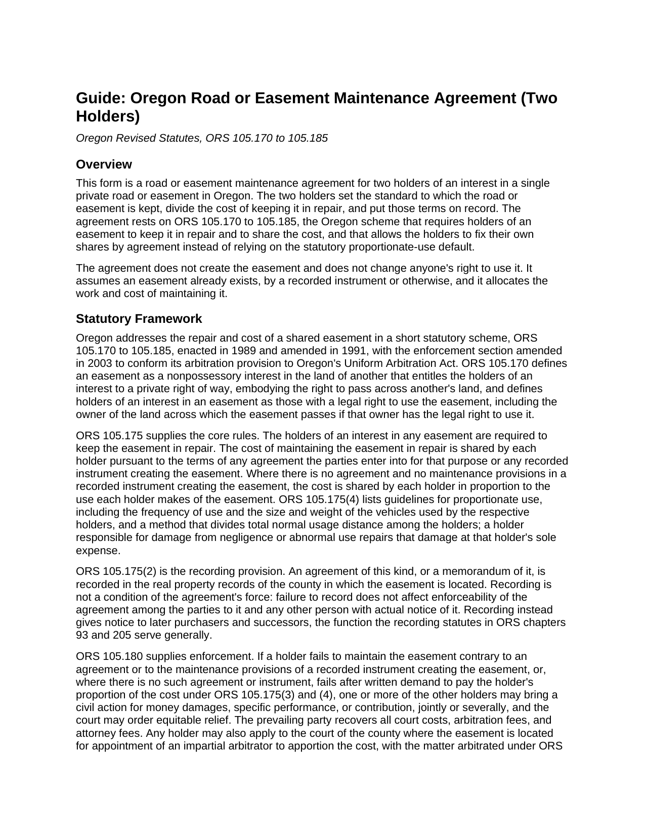 Columbia County Road or Easement Maintenance Agreement (Two Holders) Guide