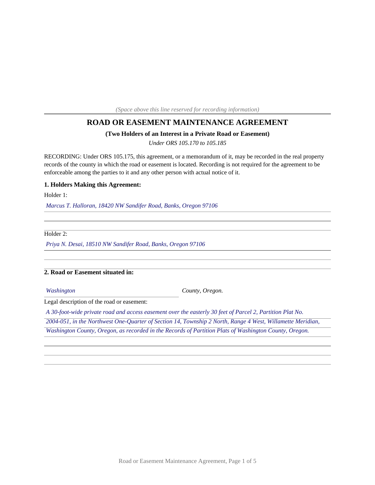 Columbia County Completed Example of the Road or Easement Maintenance Agreement (Two Holders) Document
