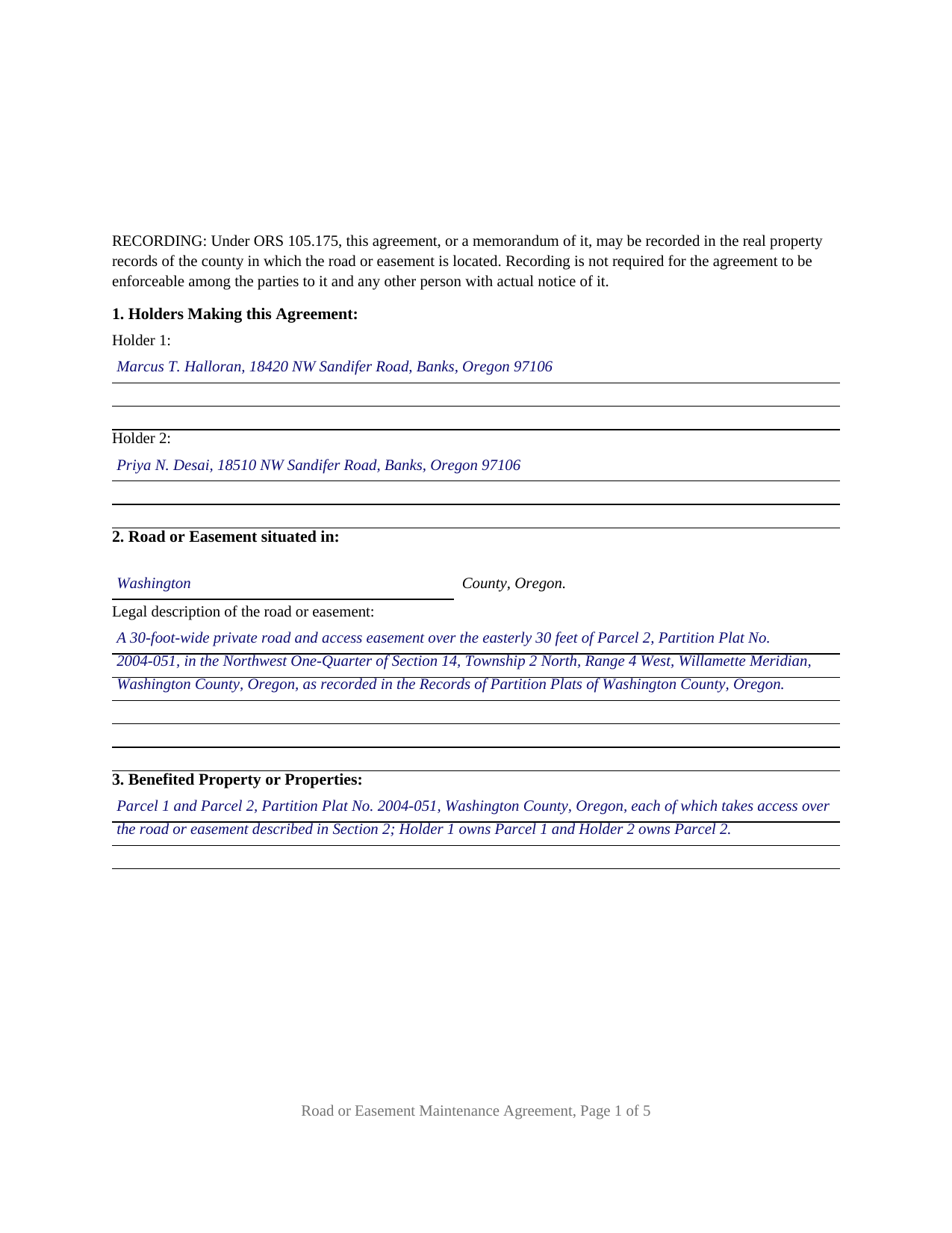 Lake County Completed Example of the Road or Easement Maintenance Agreement (Two Holders) Document
