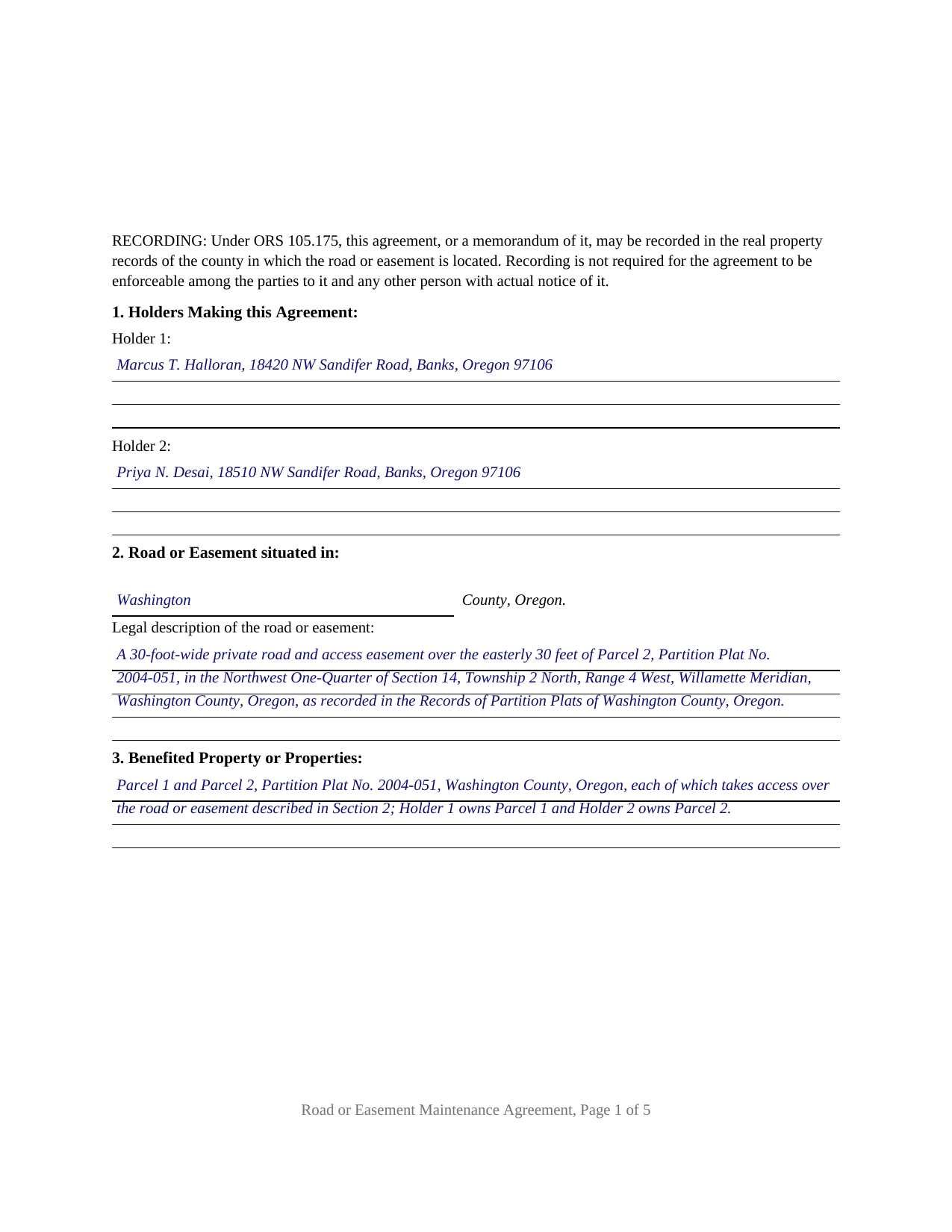 Crook County Completed Example of the Road or Easement Maintenance Agreement (Two Holders) Document