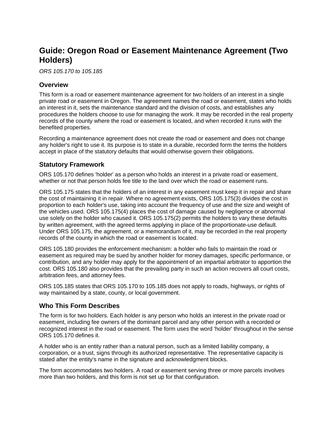 Crook County Road or Easement Maintenance Agreement (Two Holders) Guide