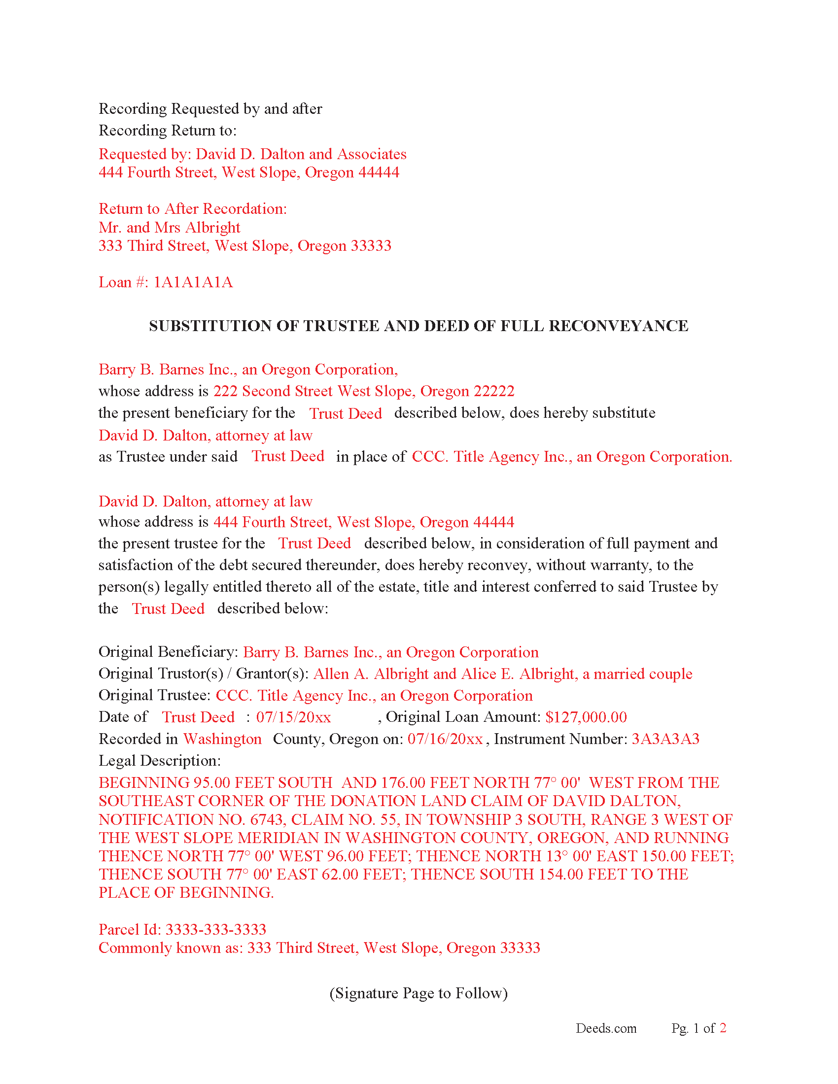 Completed Example of the Substitution of Trustee and Deed of Full Reconveyance Document