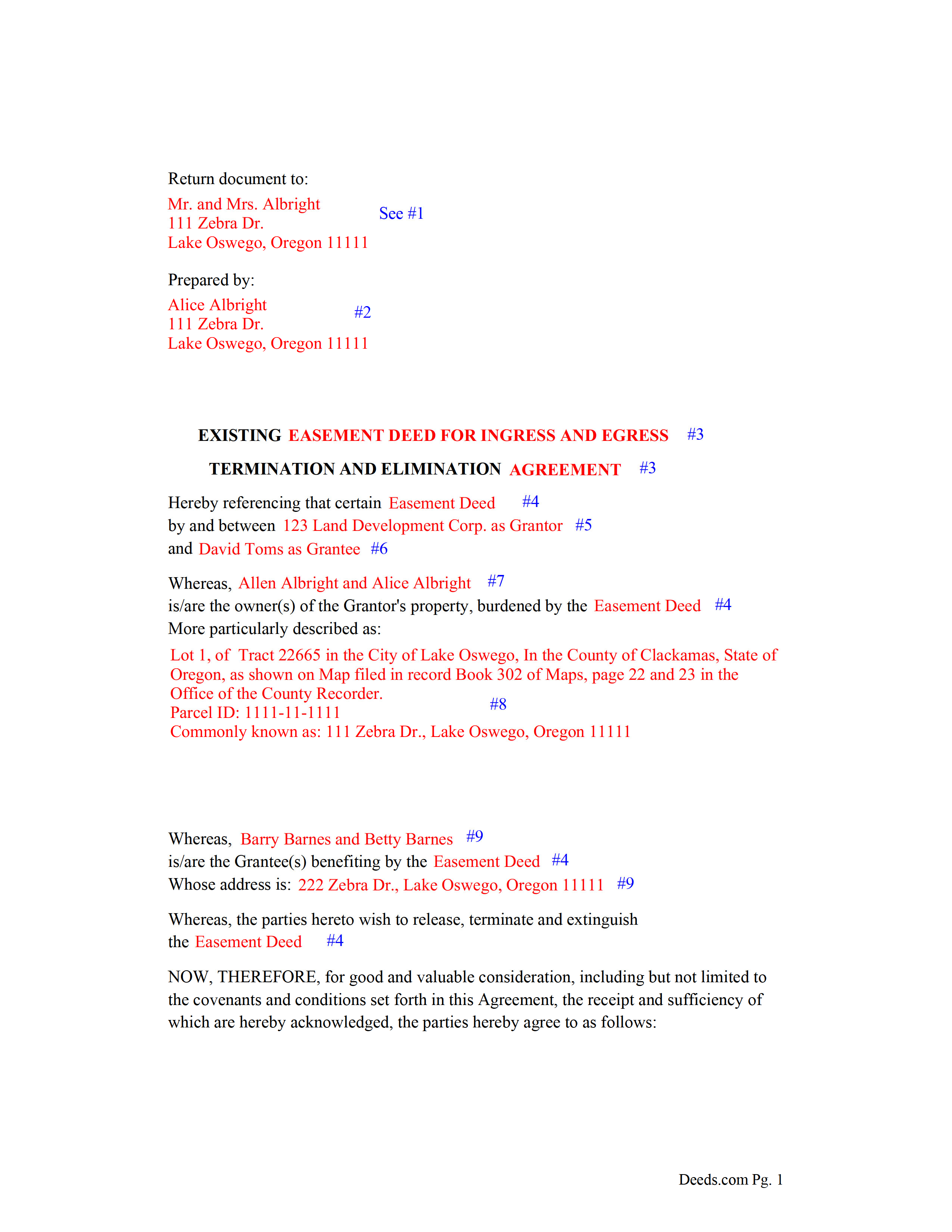 Completed Example of the Release of Easement Form