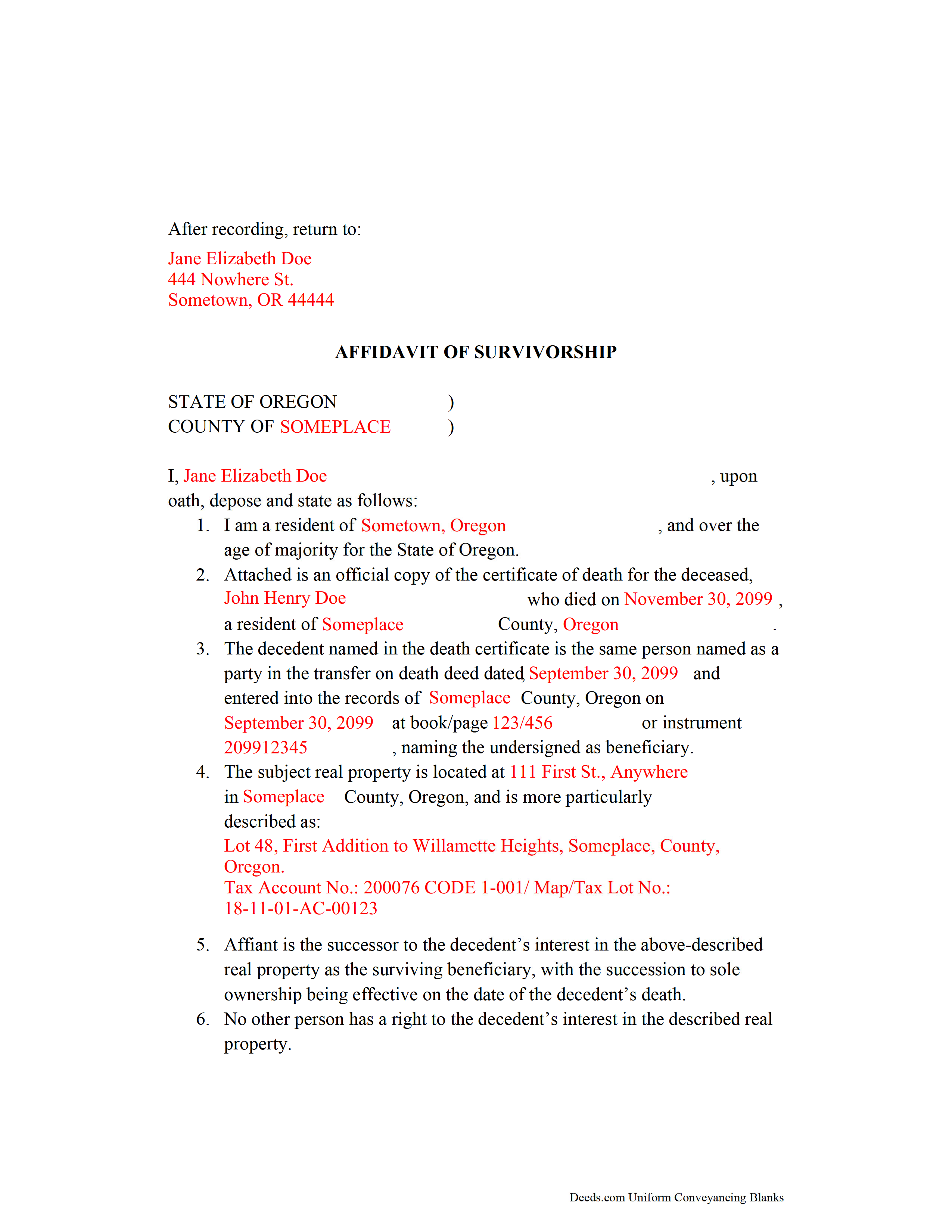 Completed Example of the Transfer on Death Affidavit of Survivorship Document