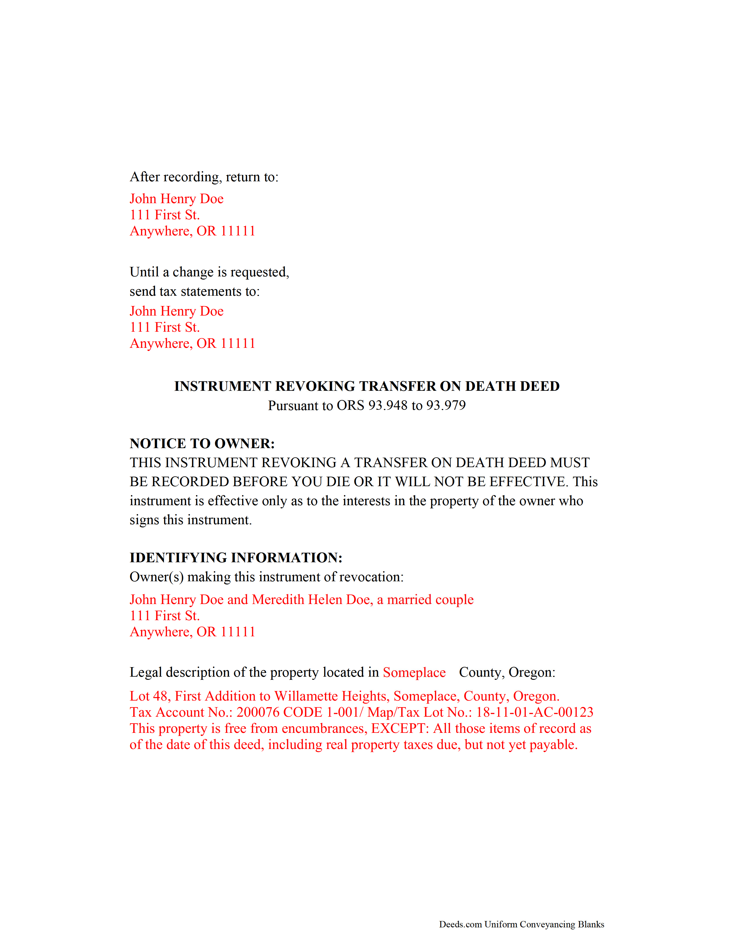 Completed Example of the Transfer on Death Revocation Document