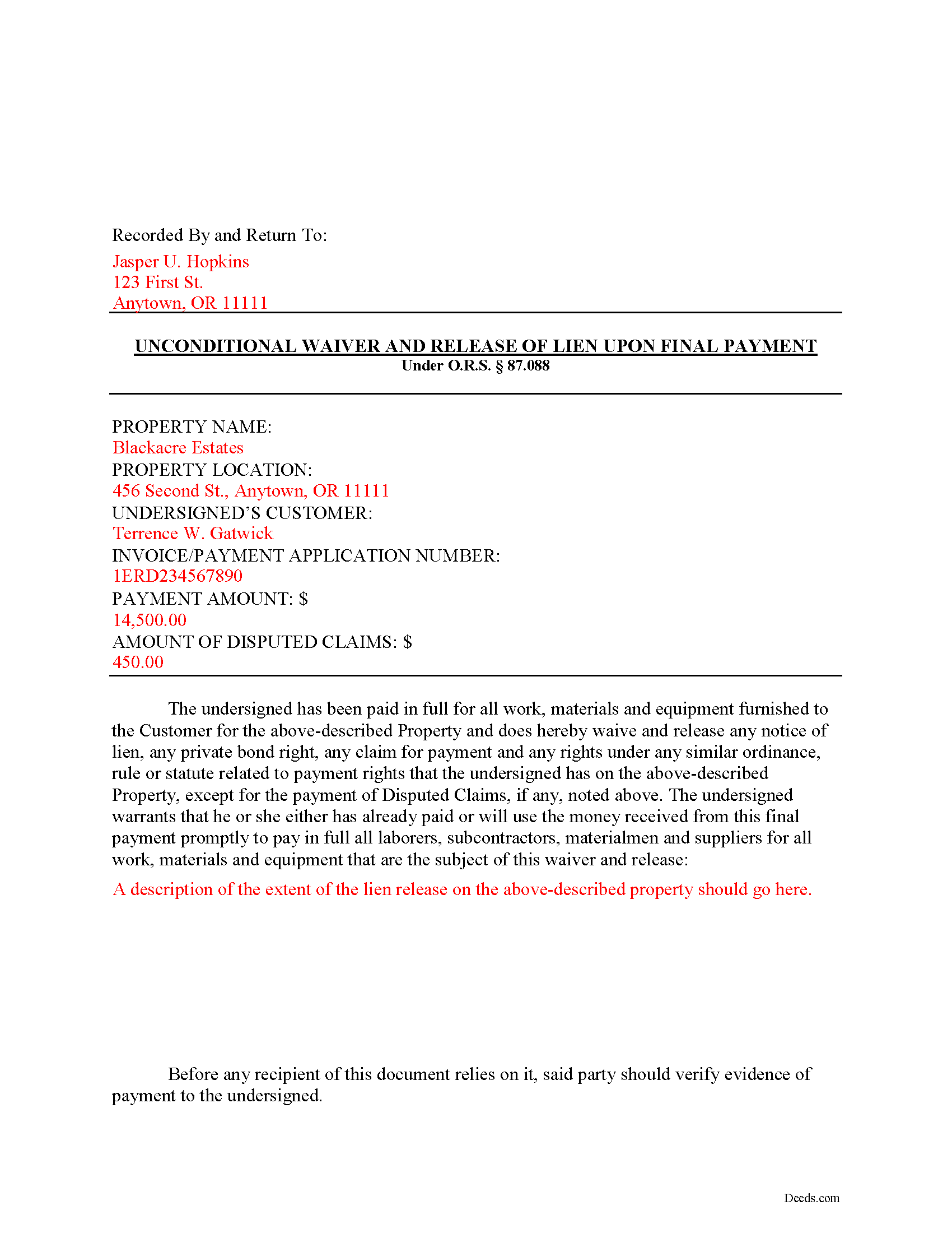 Completed Example of the Unconditional Lien Waiver on Final Payment Document