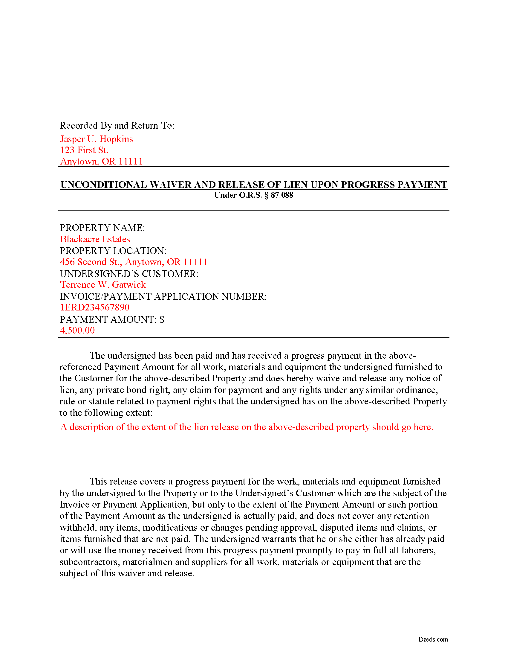 Completed Example of the Unconditional Lien Waiver on Progress Payment Document