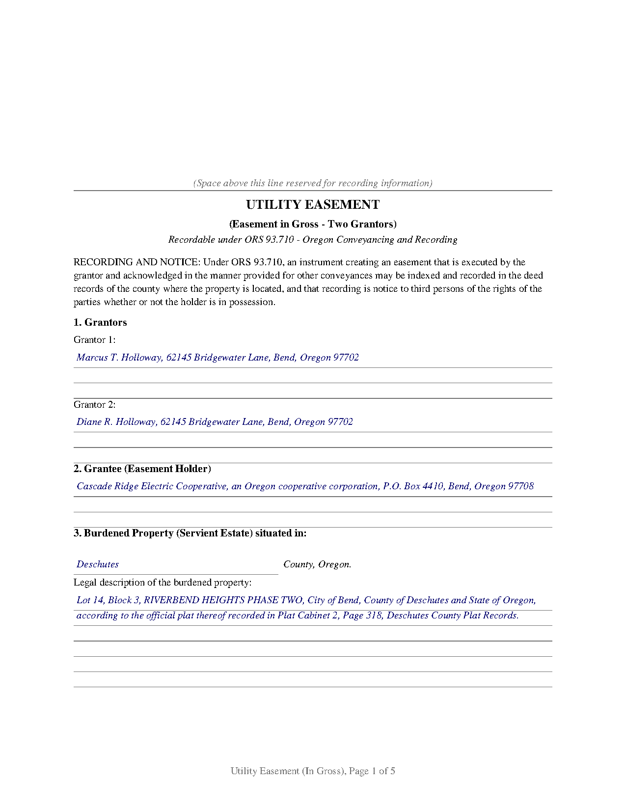 Benton County Completed Example of the Utility Easement (In Gross) Document