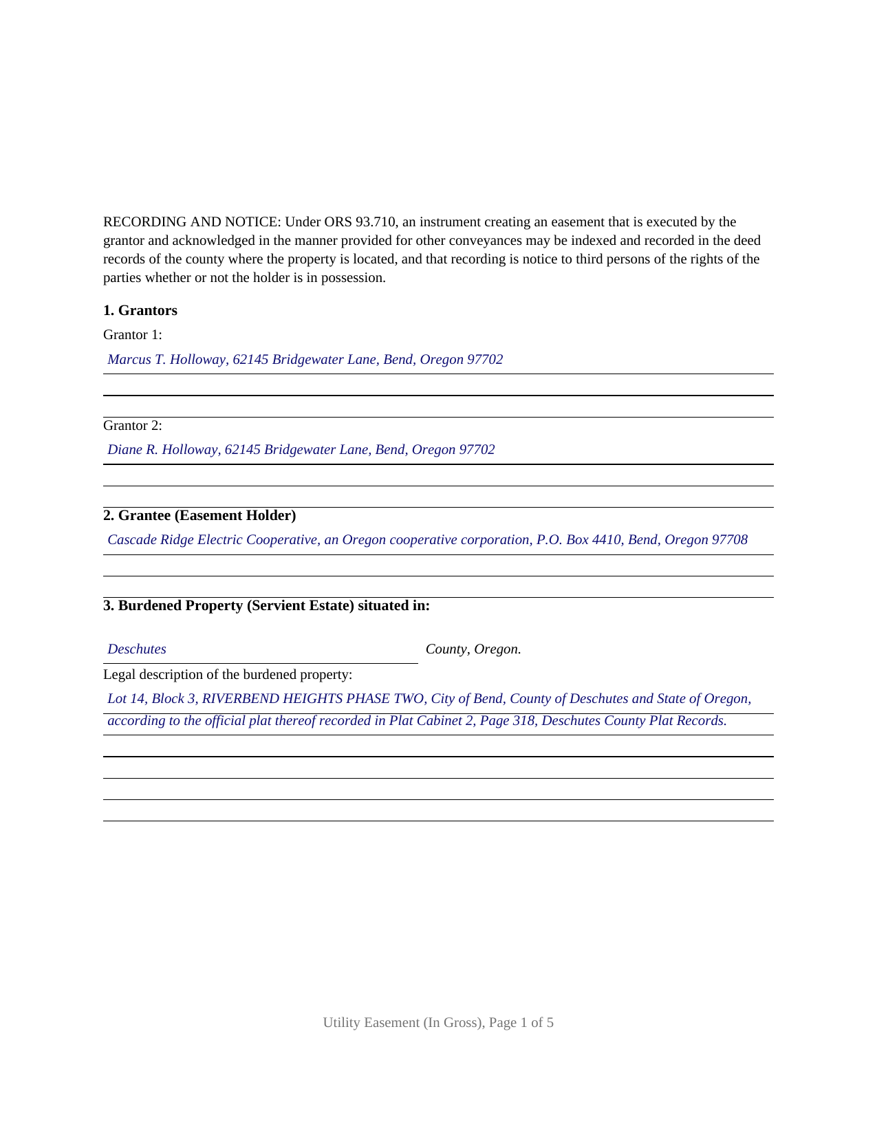 Union County Completed Example of the Utility Easement (In Gross) Document