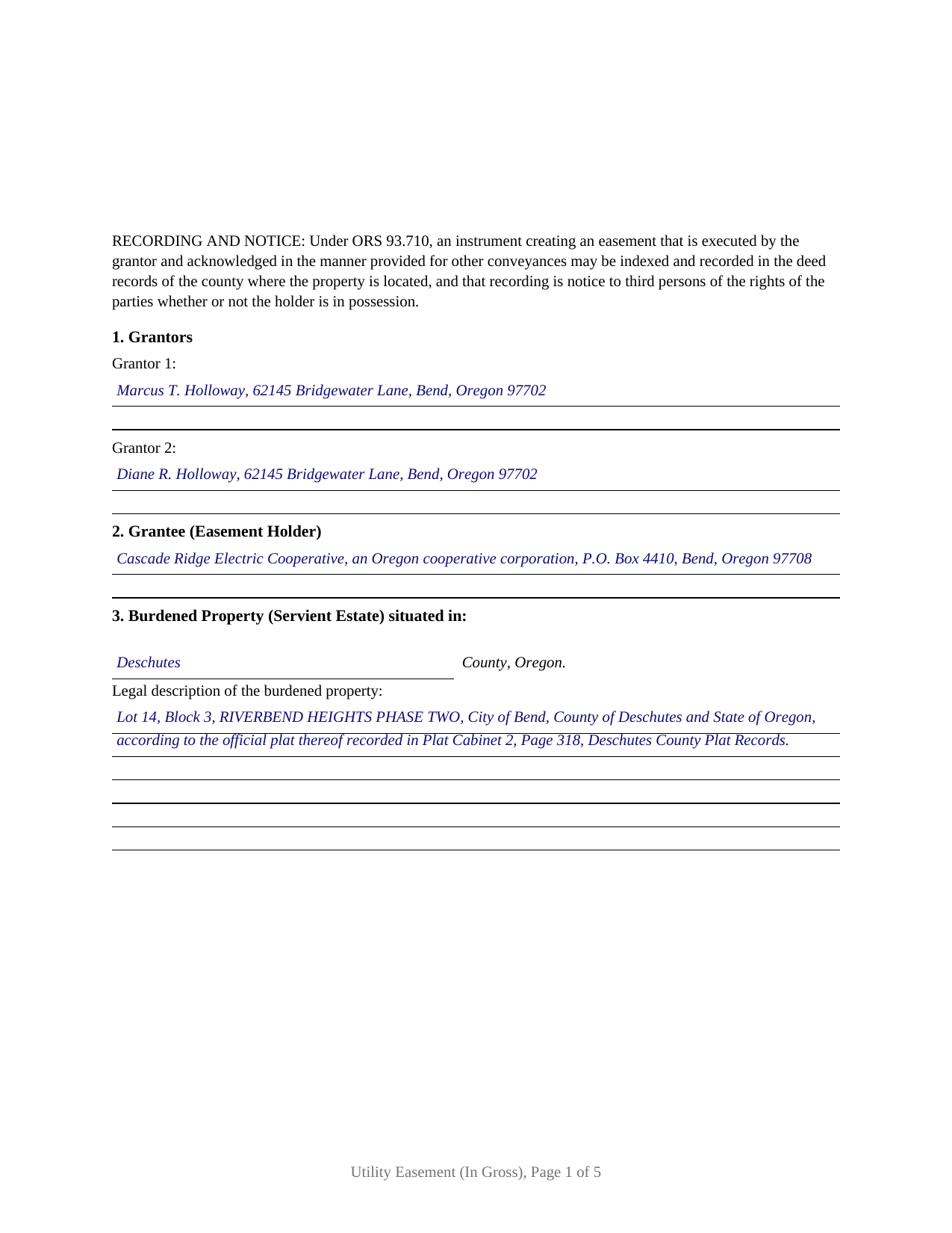 Lake County Completed Example of the Utility Easement (In Gross) Document