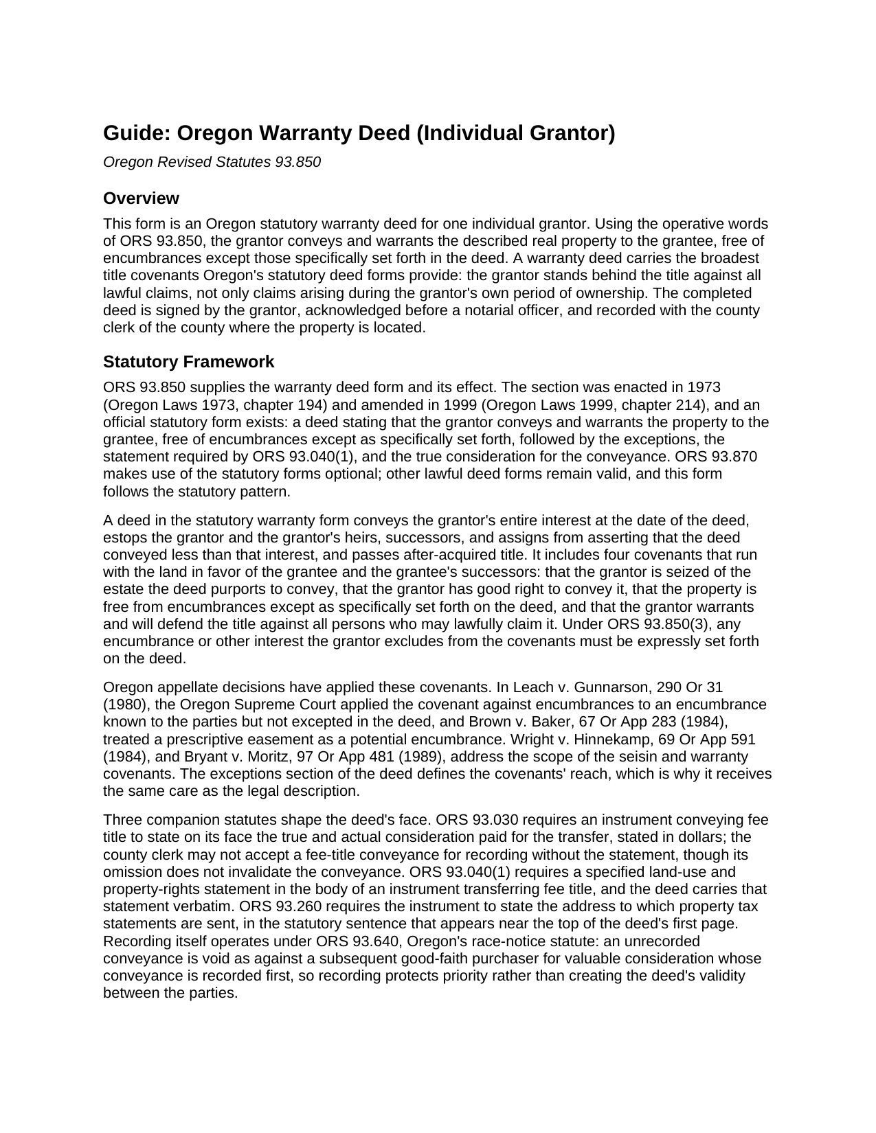 Malheur County Warranty Deed (Individual Grantor) Guide